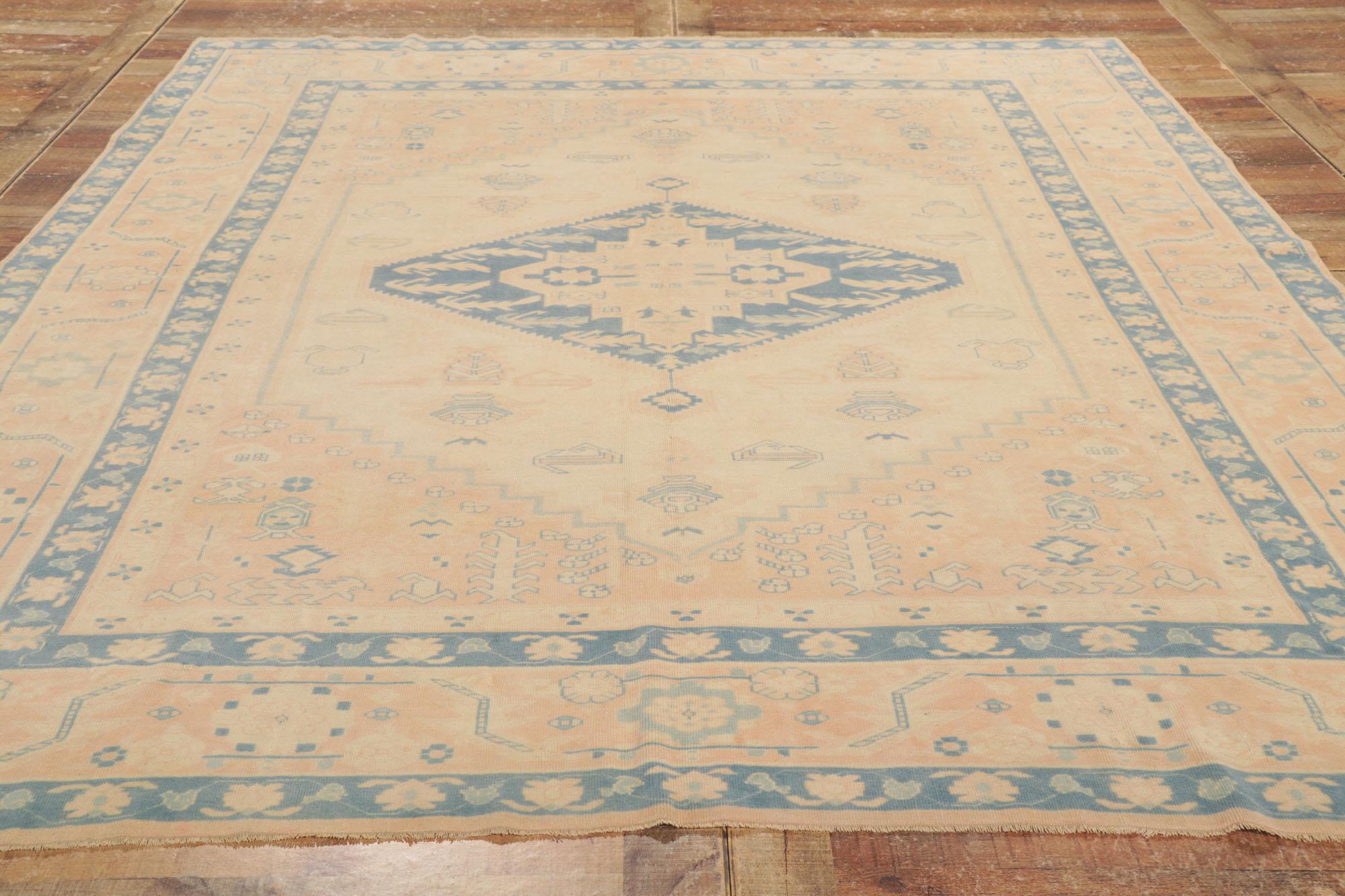Vintage Muted Turkish Oushak Rug, Soft Boho Chic Meets Sophisticated Serenity For Sale 1