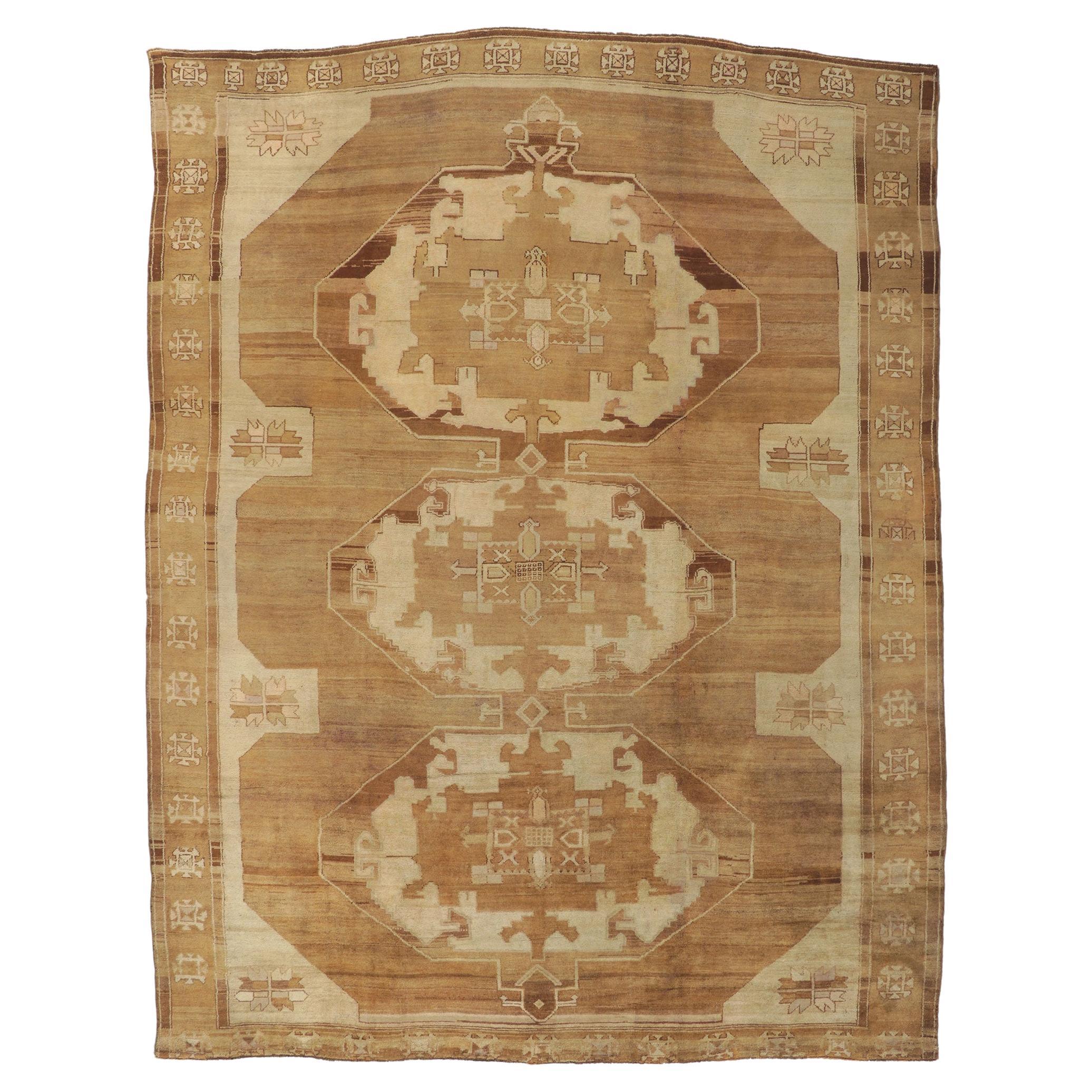 Vintage Turkish Kars Rug, Midcentury Modern Meets Earth-Tone Elegance