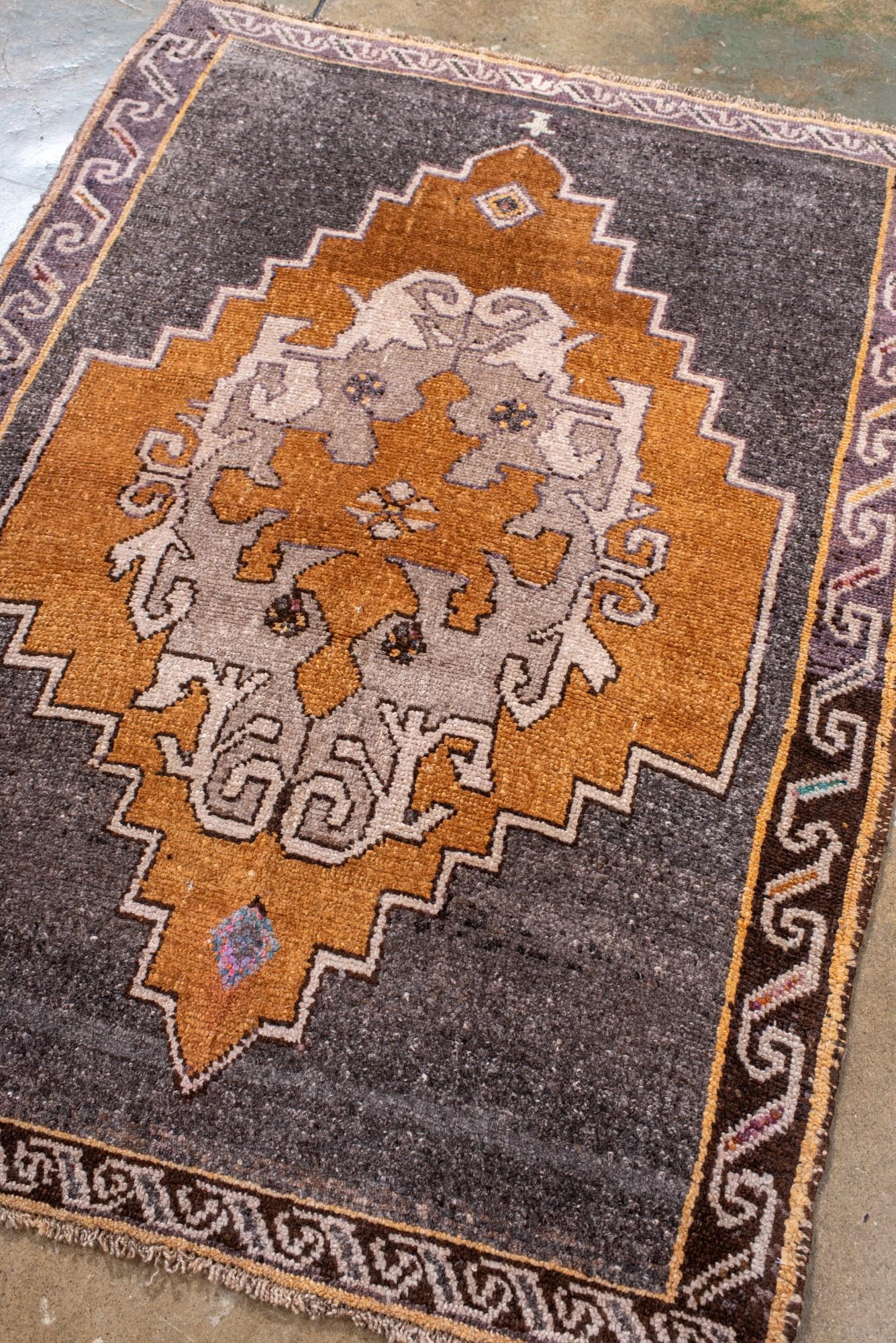 Hand-Knotted Vintage Turkish Kars Rug in Charcoal and Rust For Sale