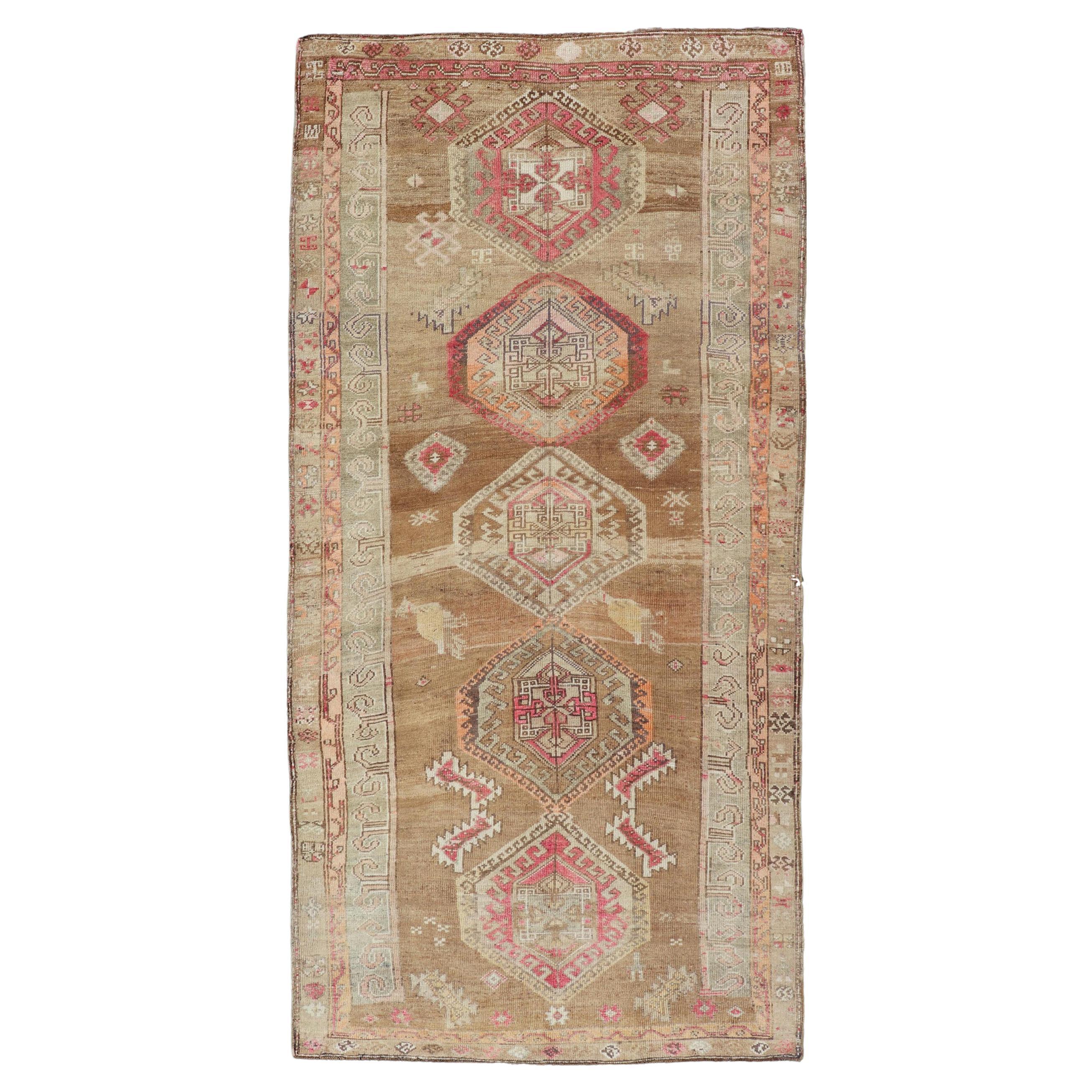 Vintage Turkish Kars Rug With Earthy Browns and Vibrant Reds 6'0 x 12'9 For Sale