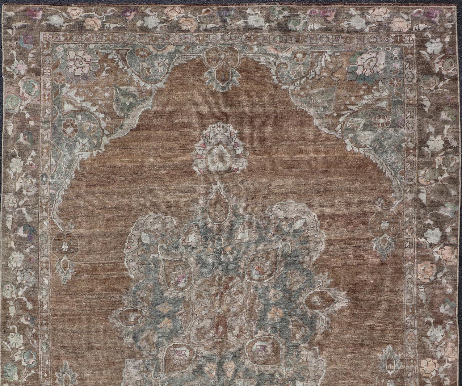 Vintage Turkish Kars Rug with Floral Medallion in Camel, Tan, Taupe and Grey For Sale 3