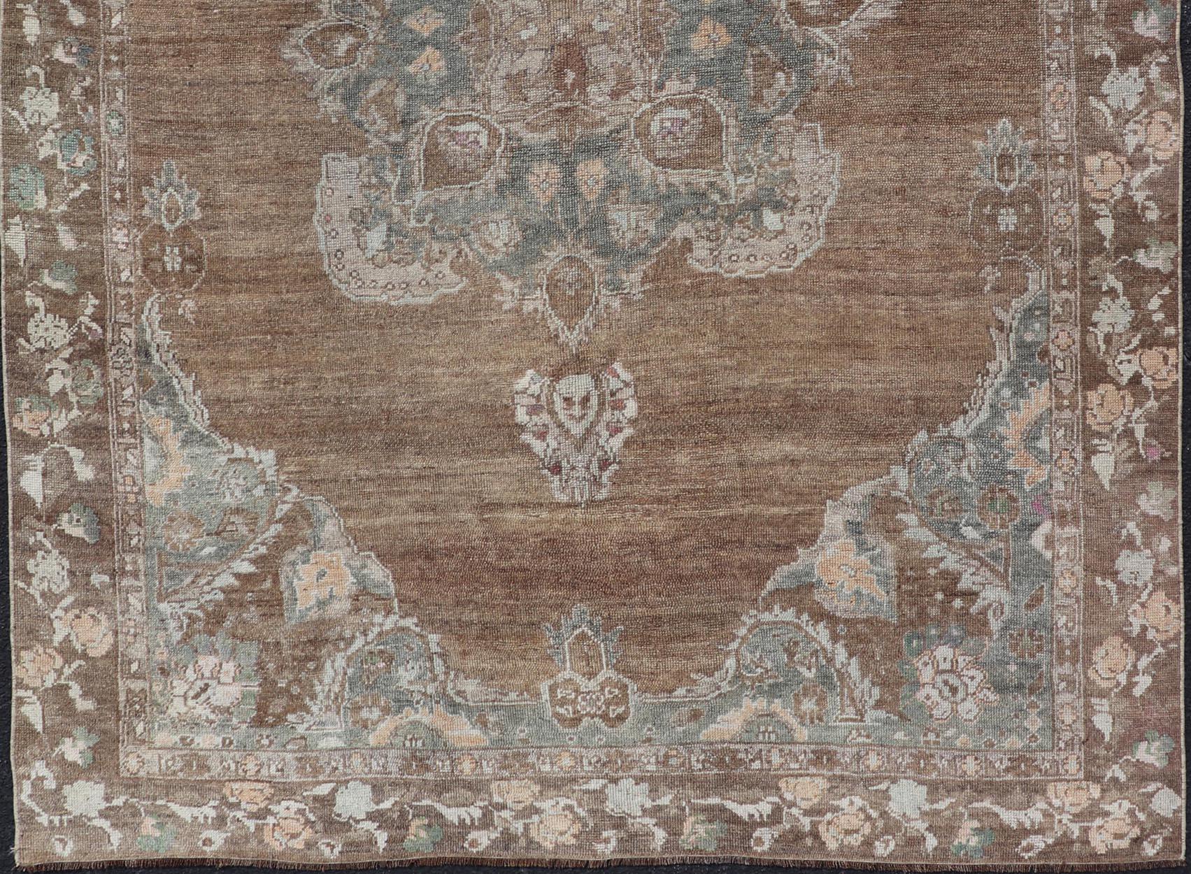 Oushak Vintage Turkish Kars Rug with Floral Medallion in Camel, Tan, Taupe and Grey For Sale