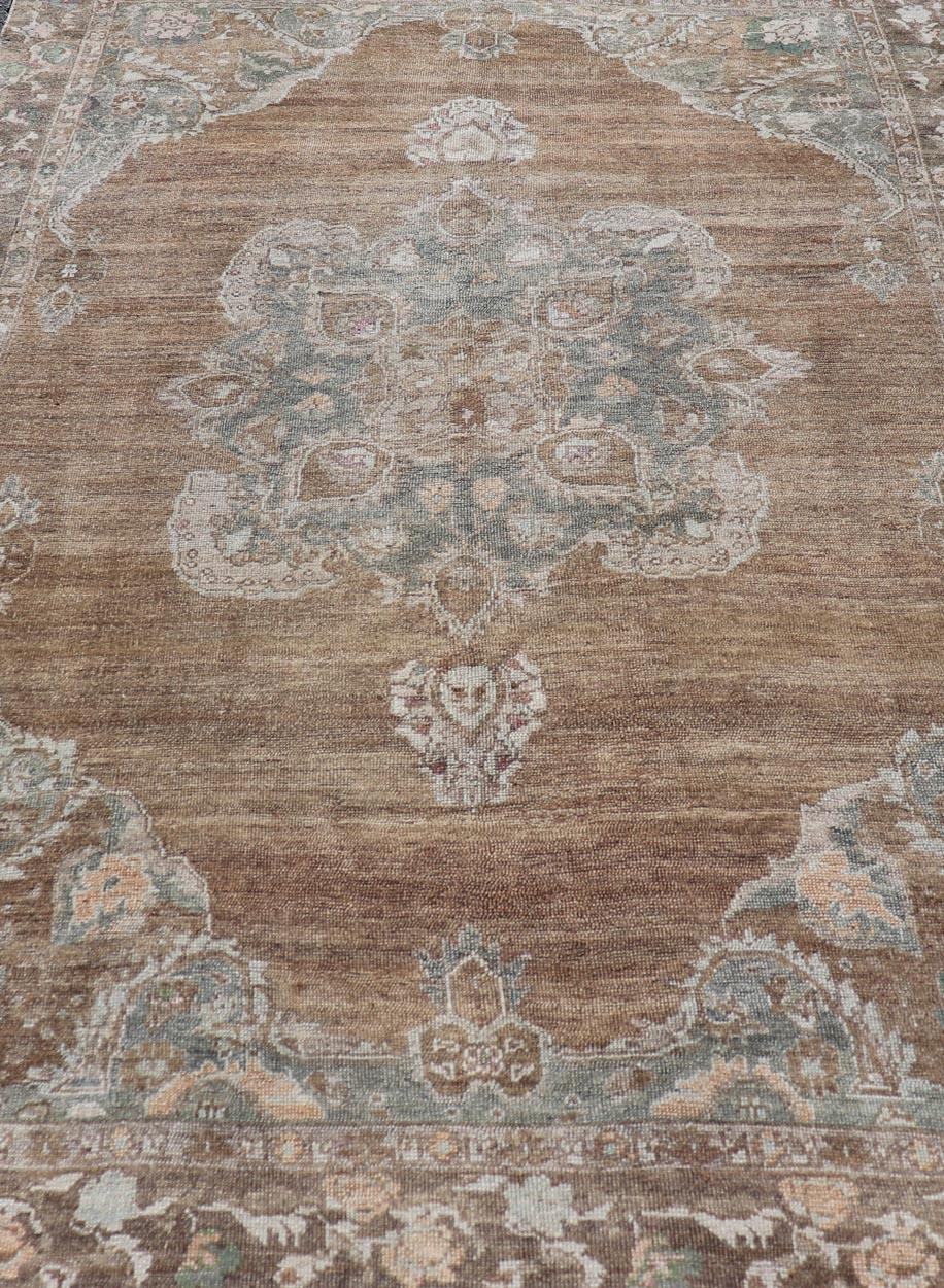 Hand-Knotted Vintage Turkish Kars Rug with Floral Medallion in Camel, Tan, Taupe and Grey For Sale