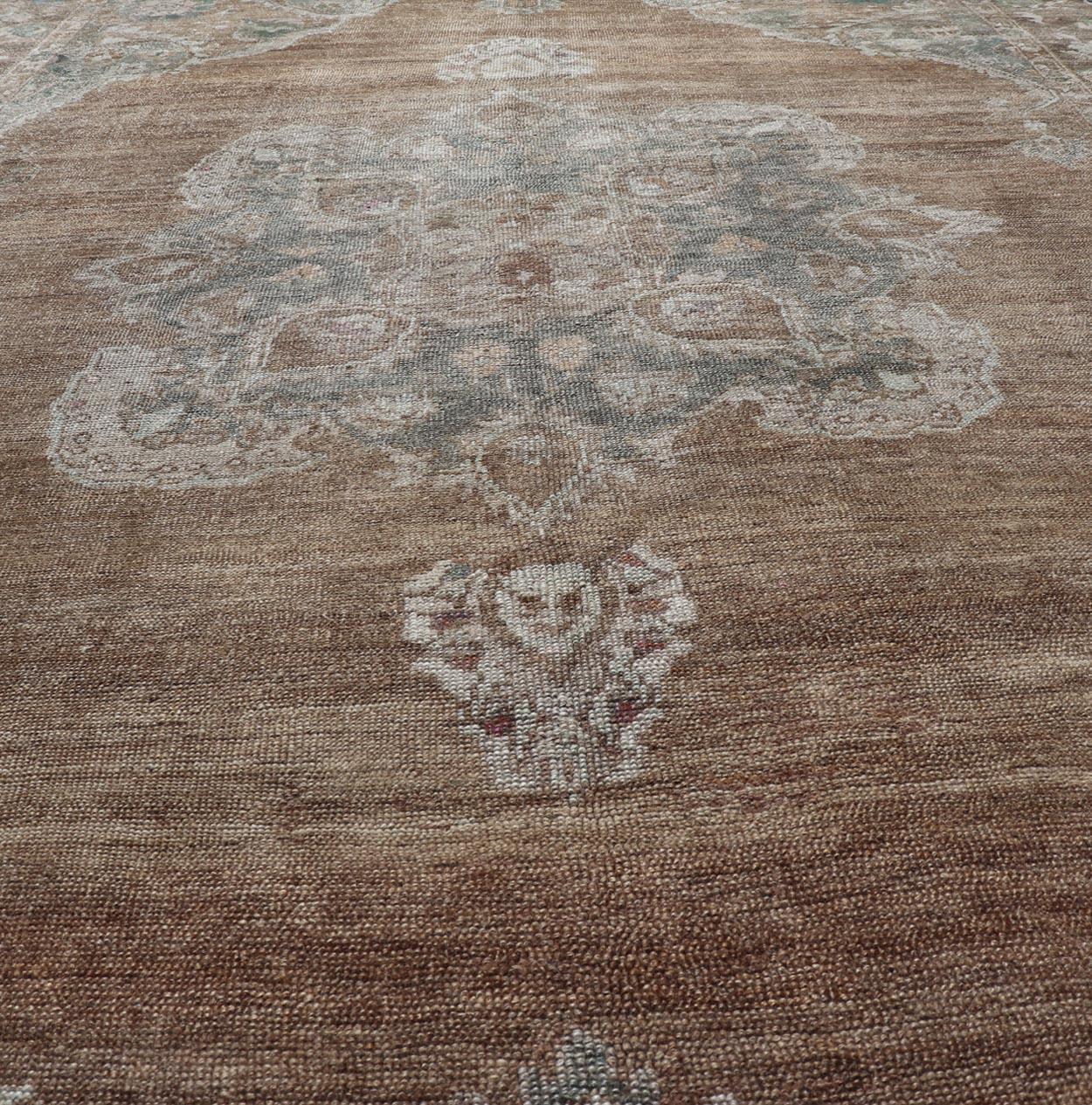 Vintage Turkish Kars Rug with Floral Medallion in Camel, Tan, Taupe and Grey In Good Condition For Sale In Atlanta, GA