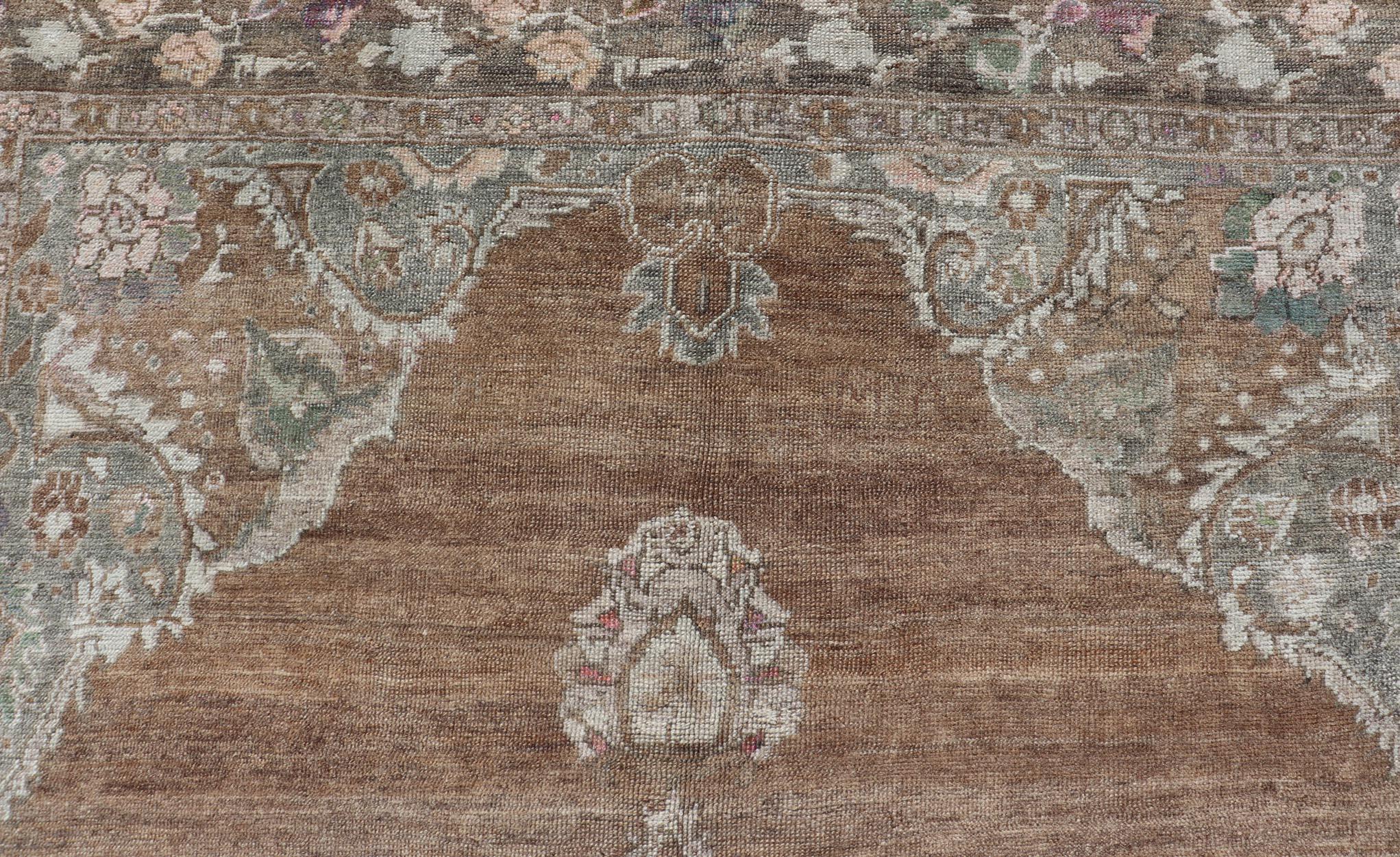 Wool Vintage Turkish Kars Rug with Floral Medallion in Camel, Tan, Taupe and Grey For Sale