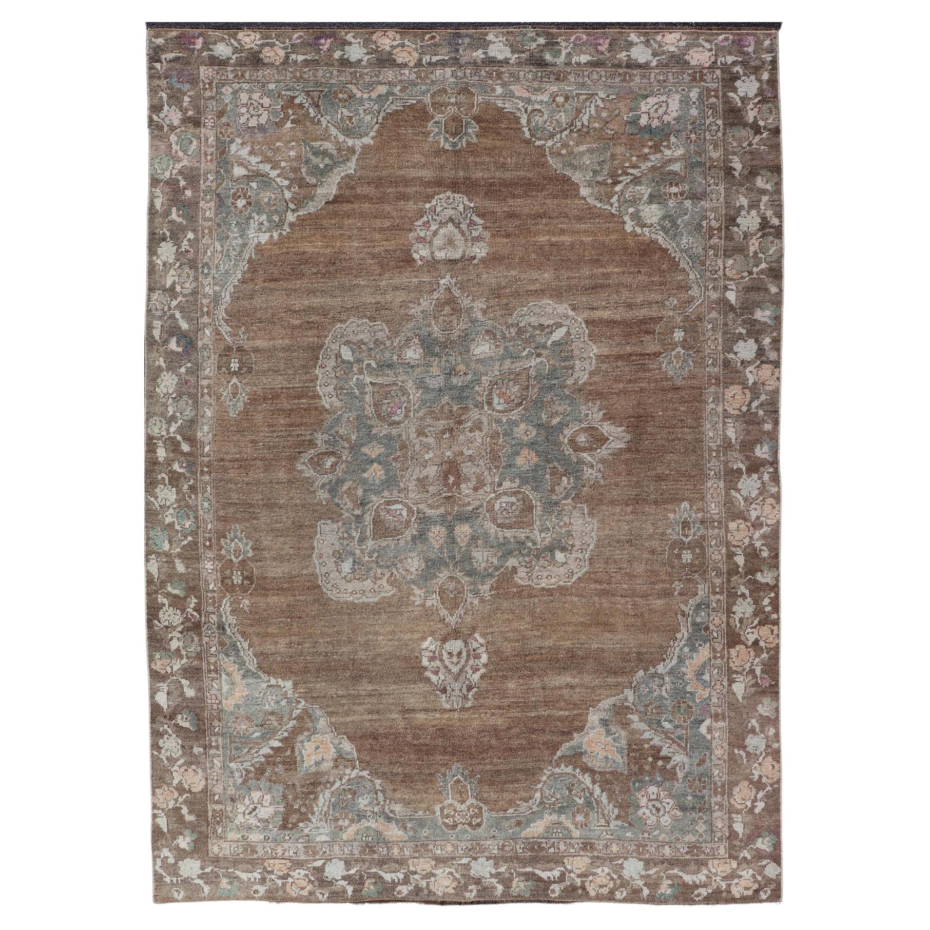 Vintage Turkish Kars Rug with Floral Medallion in Camel, Tan, Taupe and Grey For Sale