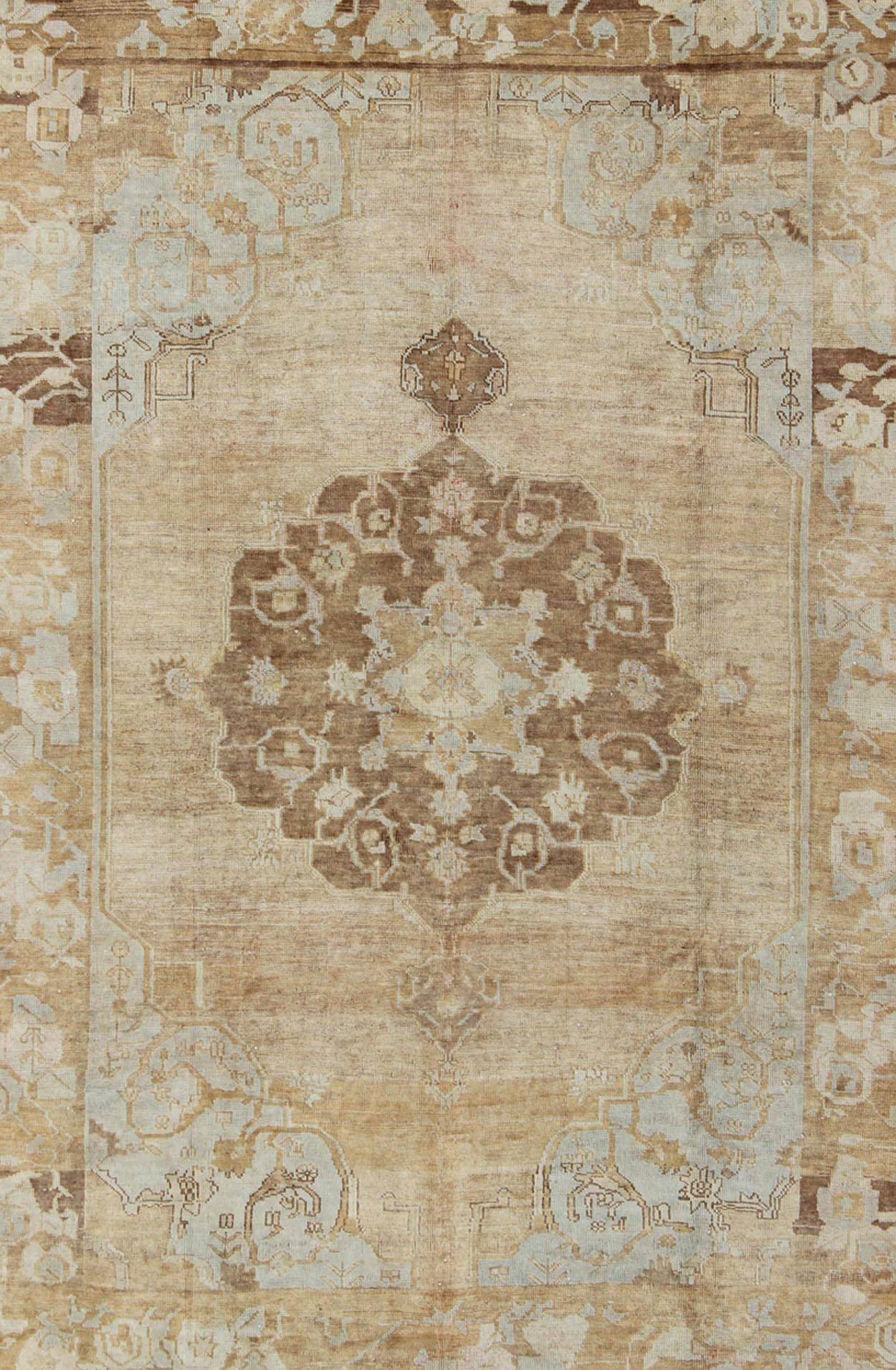 Oushak Vintage Turkish Kars Rug with Floral Medallion in Camel, Tan, Taupe and Gray For Sale