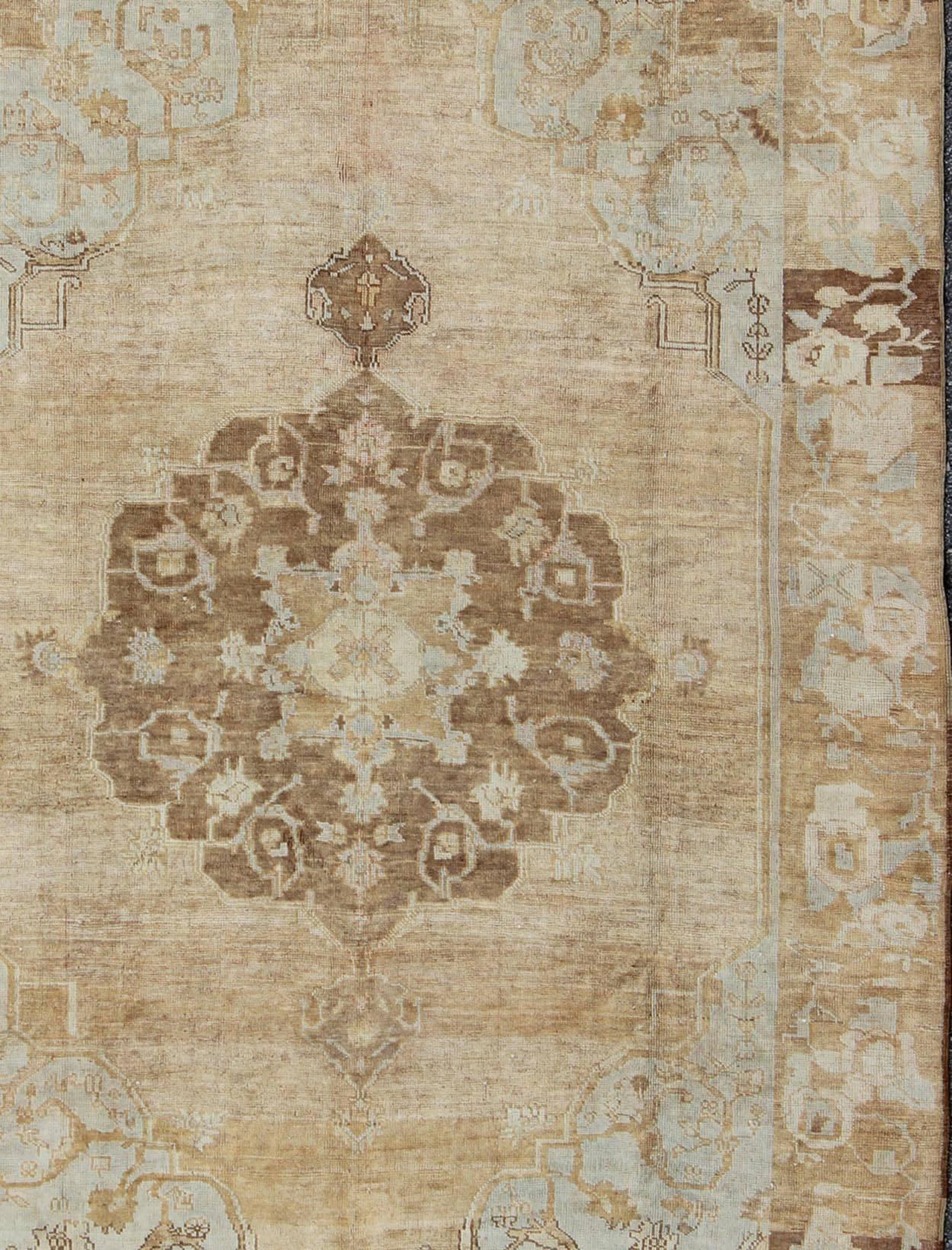 Hand-Knotted Vintage Turkish Kars Rug with Floral Medallion in Camel, Tan, Taupe and Gray For Sale