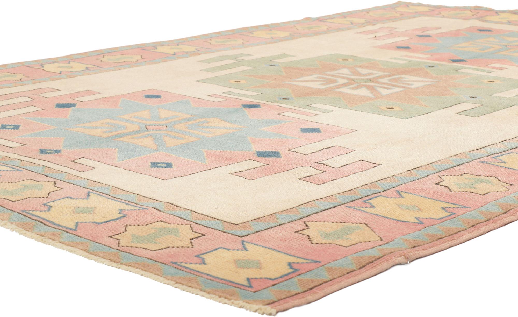 53696 Vintage Turkish Kars Rug with Geometric Pattern & Pastel Colors 6'01 x 8'11. Full of tiny details and an expressive tribal design, this hand-knotted wool vintage Turkish Kars rug is a captivating vision of woven beauty. Rich in symbolism and