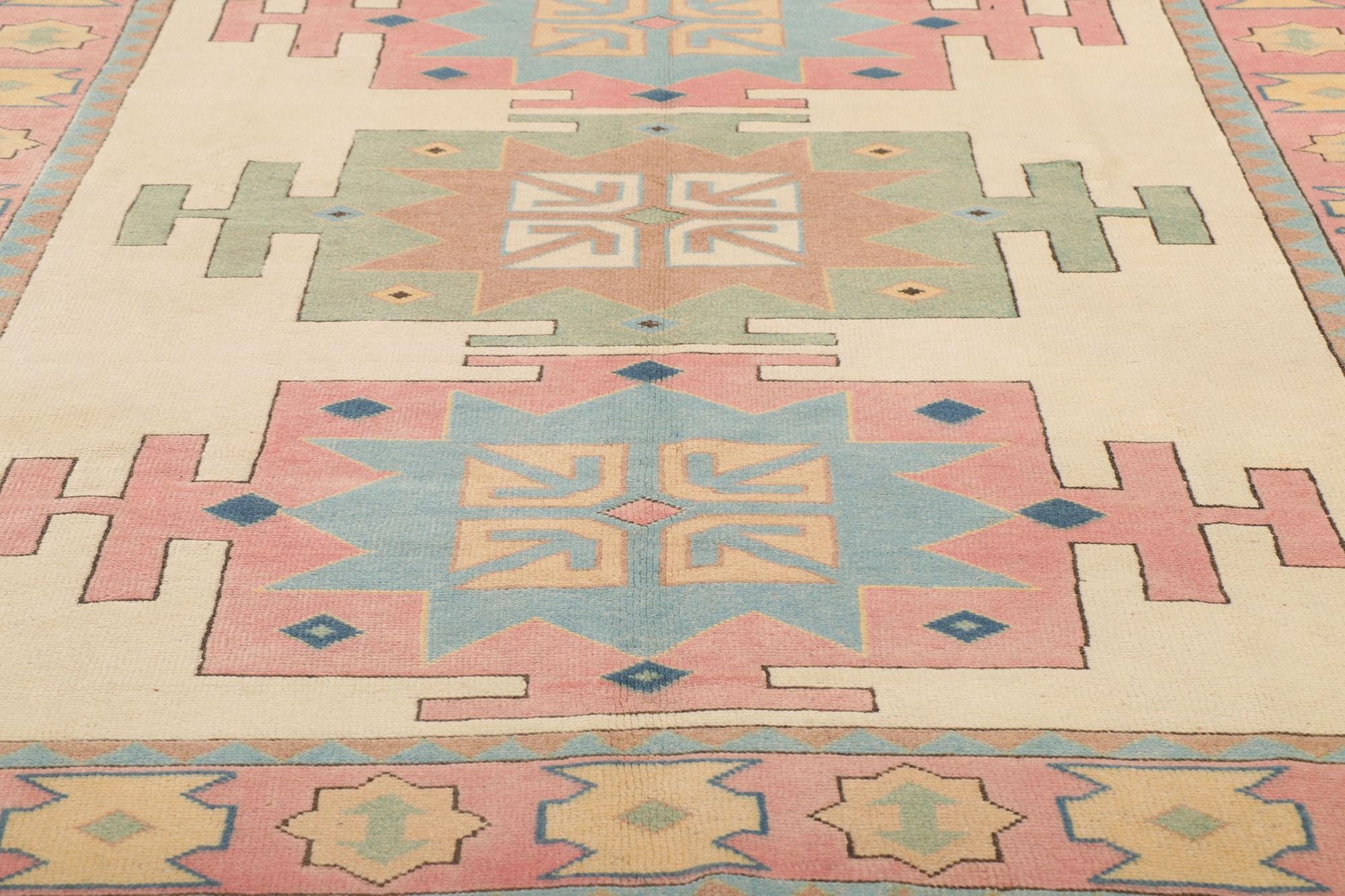 Hand-Knotted Vintage Turkish Kars Rug with Geometric Pattern & Pastel Colors For Sale