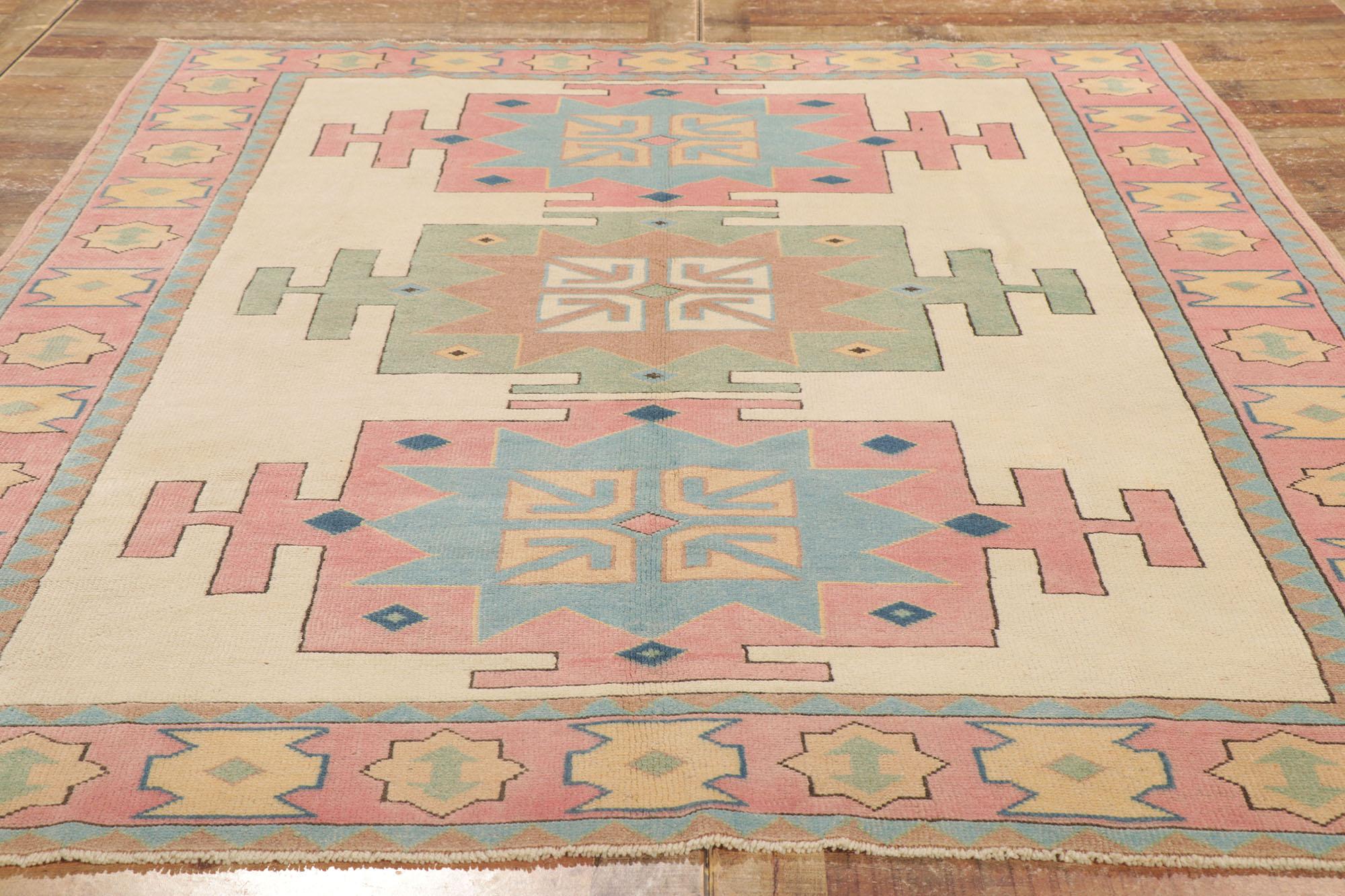 Wool Vintage Turkish Kars Rug with Geometric Pattern & Pastel Colors For Sale