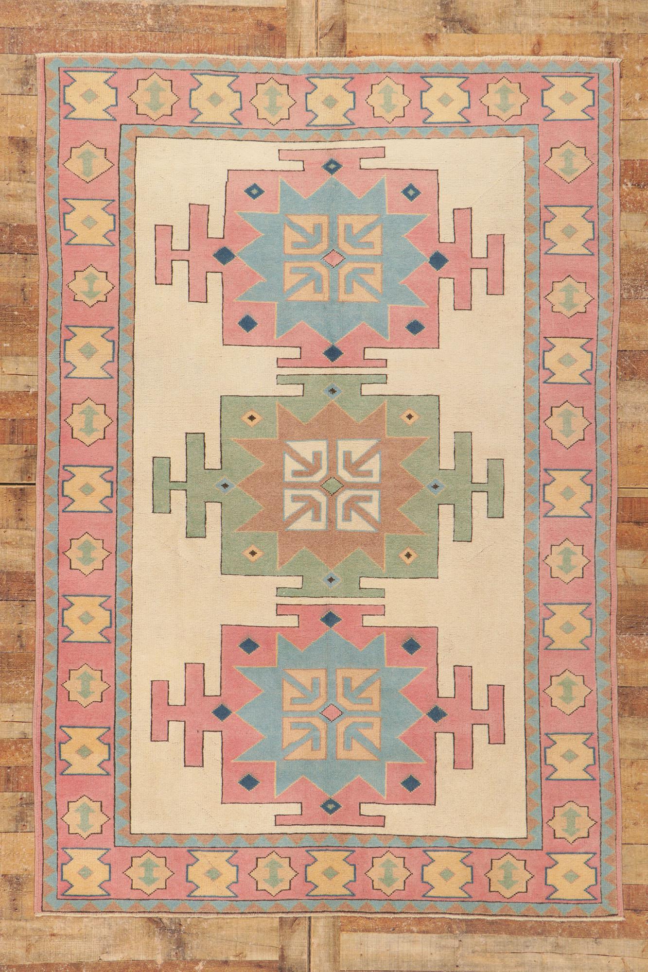 Vintage Turkish Kars Rug with Geometric Pattern & Pastel Colors For Sale 1