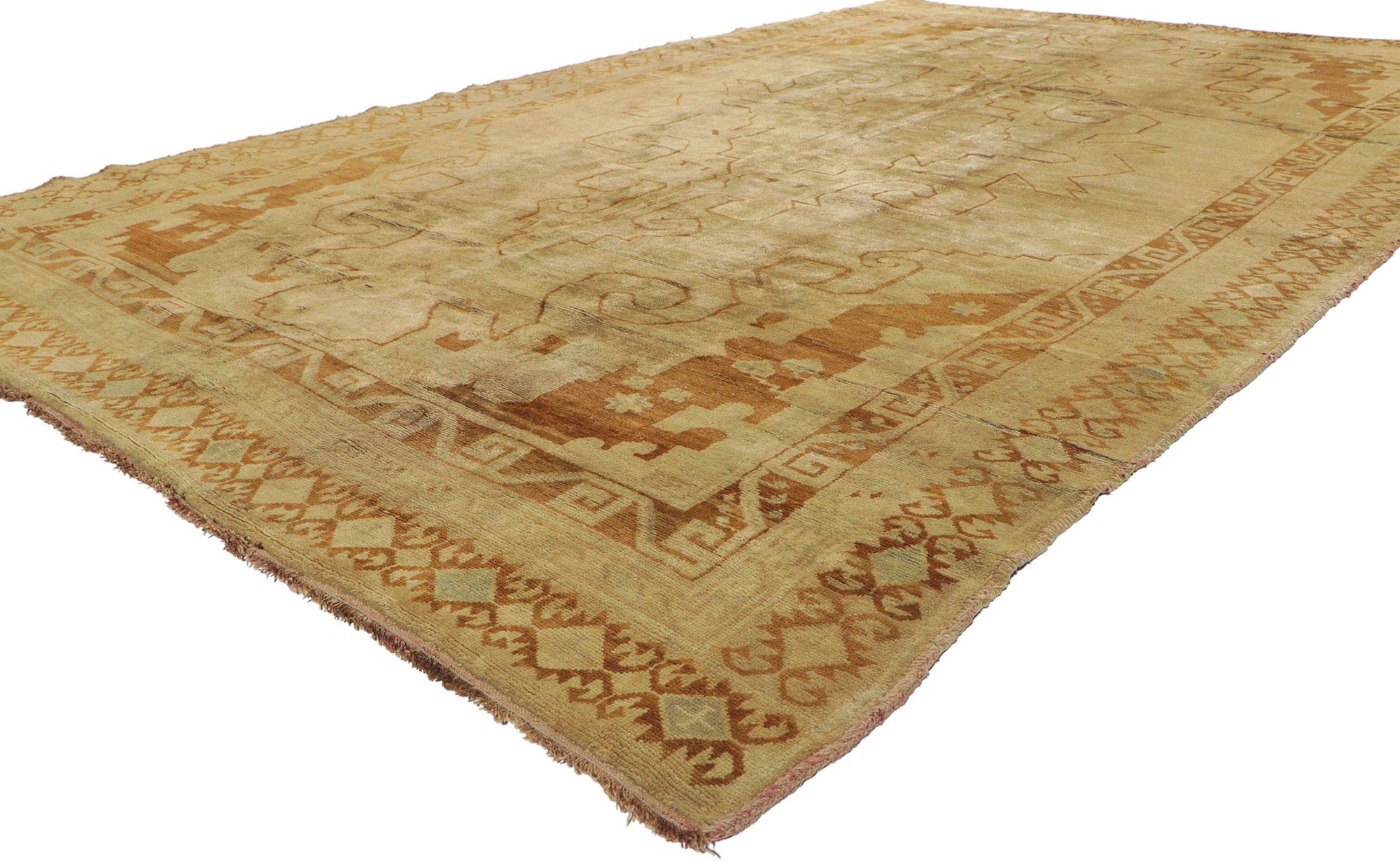 50440 Vintage Turkish Kars Rug with Mid-Century Modern Style 06'09 x 11'00. This hand knotted wool vintage Turkish Kars rug features a large-scale concentric medallion anchored with trefoil pendants at either end. It is enclosed with a repeating