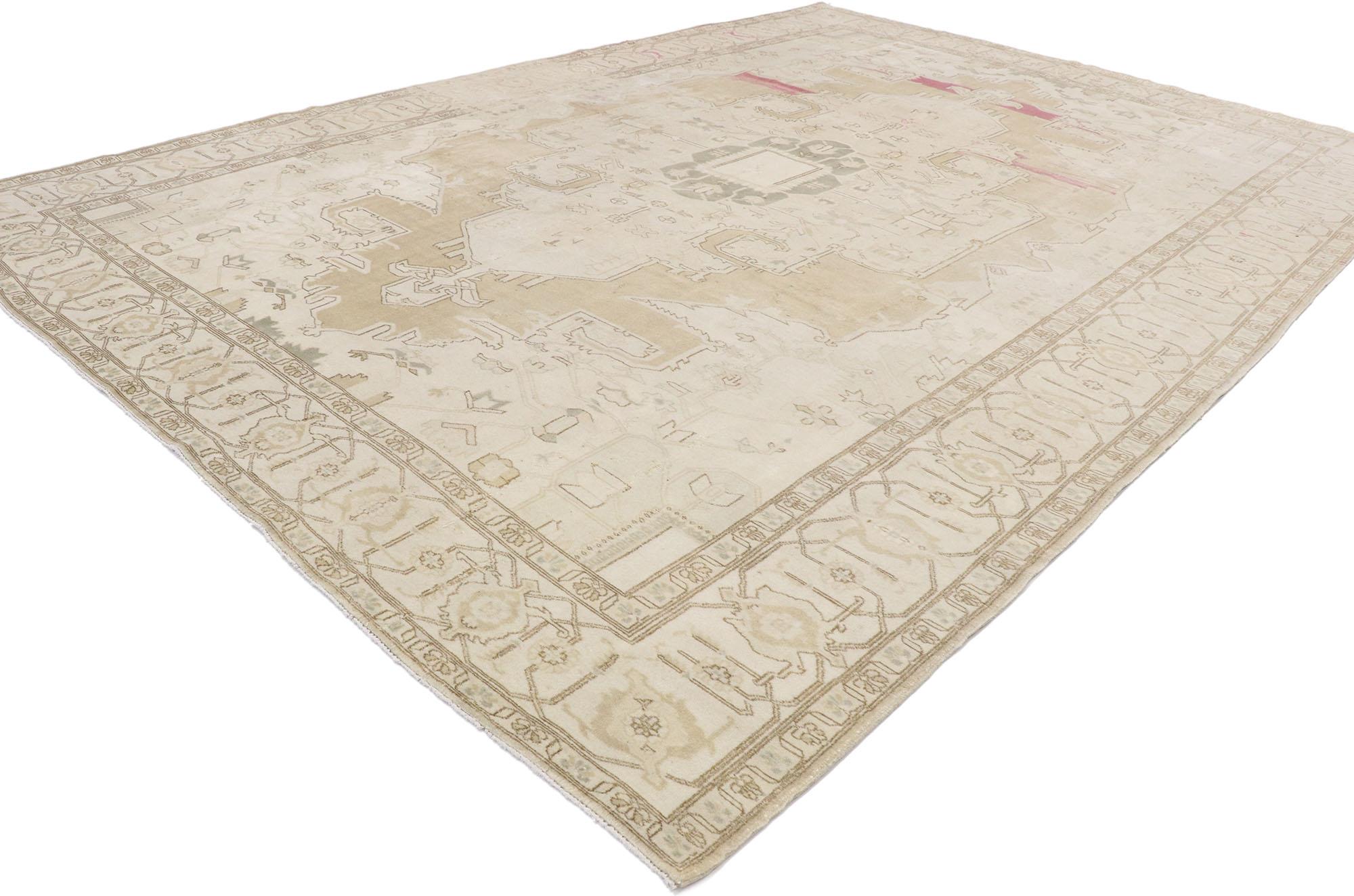 53239 vintage Turkish Kars rug with Mid-Century Modern style. Effortless beauty and feminine connotations meet soft, bespoke vibes with a Mid-Century Modern style in this hand knotted wool vintage Turkish Kars rug. The antique washed field features