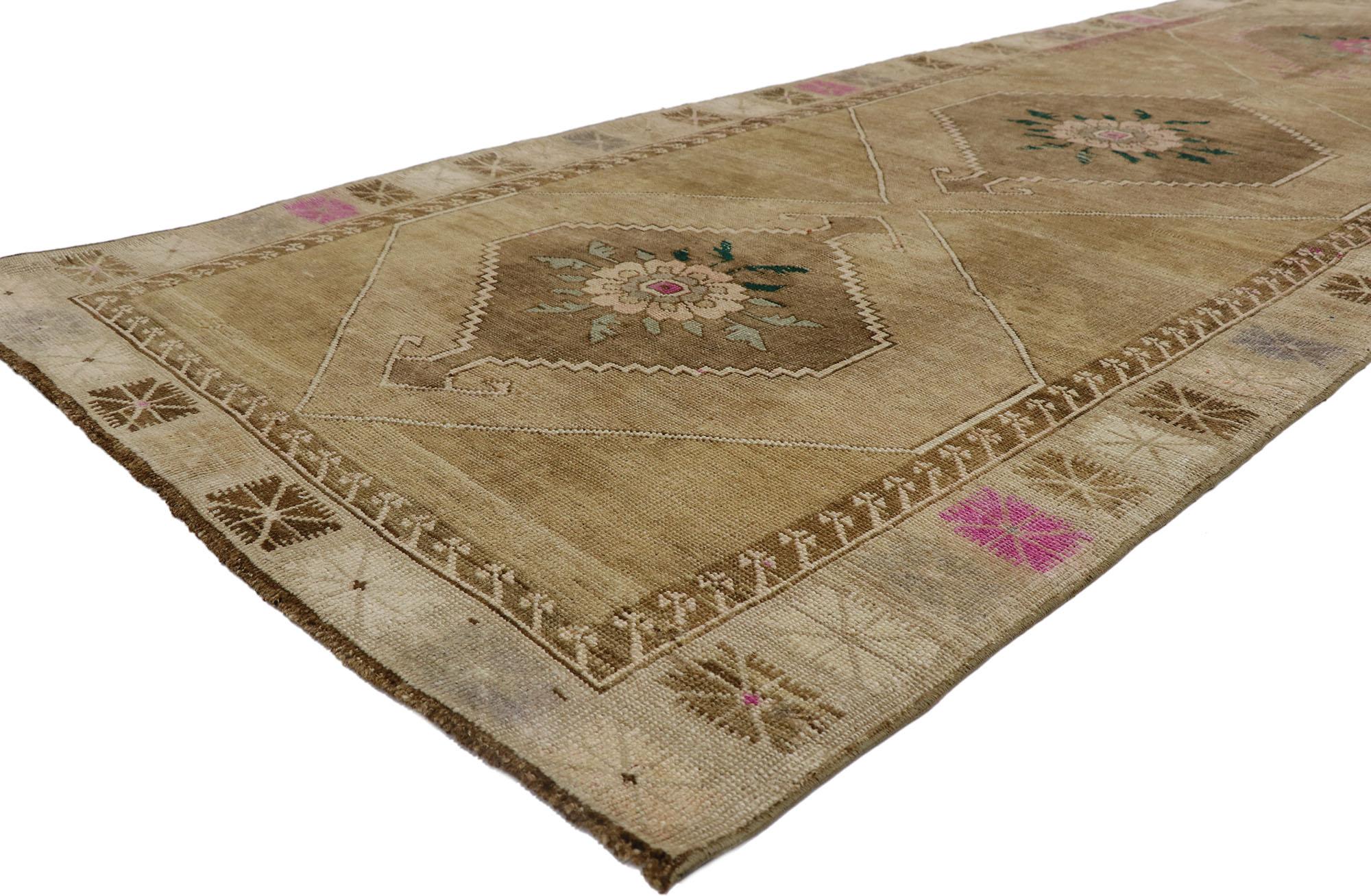 53579 Vintage Turkish Kars rug with Mid-Century Modern Style 04'07 x 12'06. With its warm hues and beguiling beauty, this hand-knotted wool vintage Turkish Kars runner will take on a curated lived-in look that feels timeless while imparting a sense