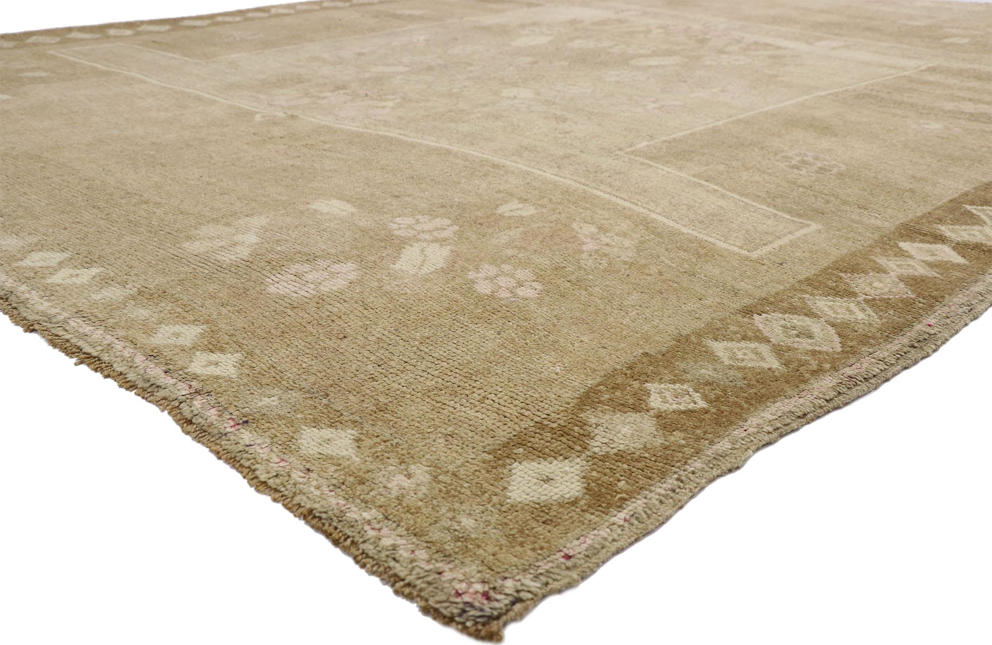 52545, vintage Turkish Kars rug with Modern Farmhouse and Romantic Prairie Style. This hand knotted wool vintage Turkish Kars rug features a large square medallion patterned with a round floral bouquet in an abrashed field. Each corner spandrel is