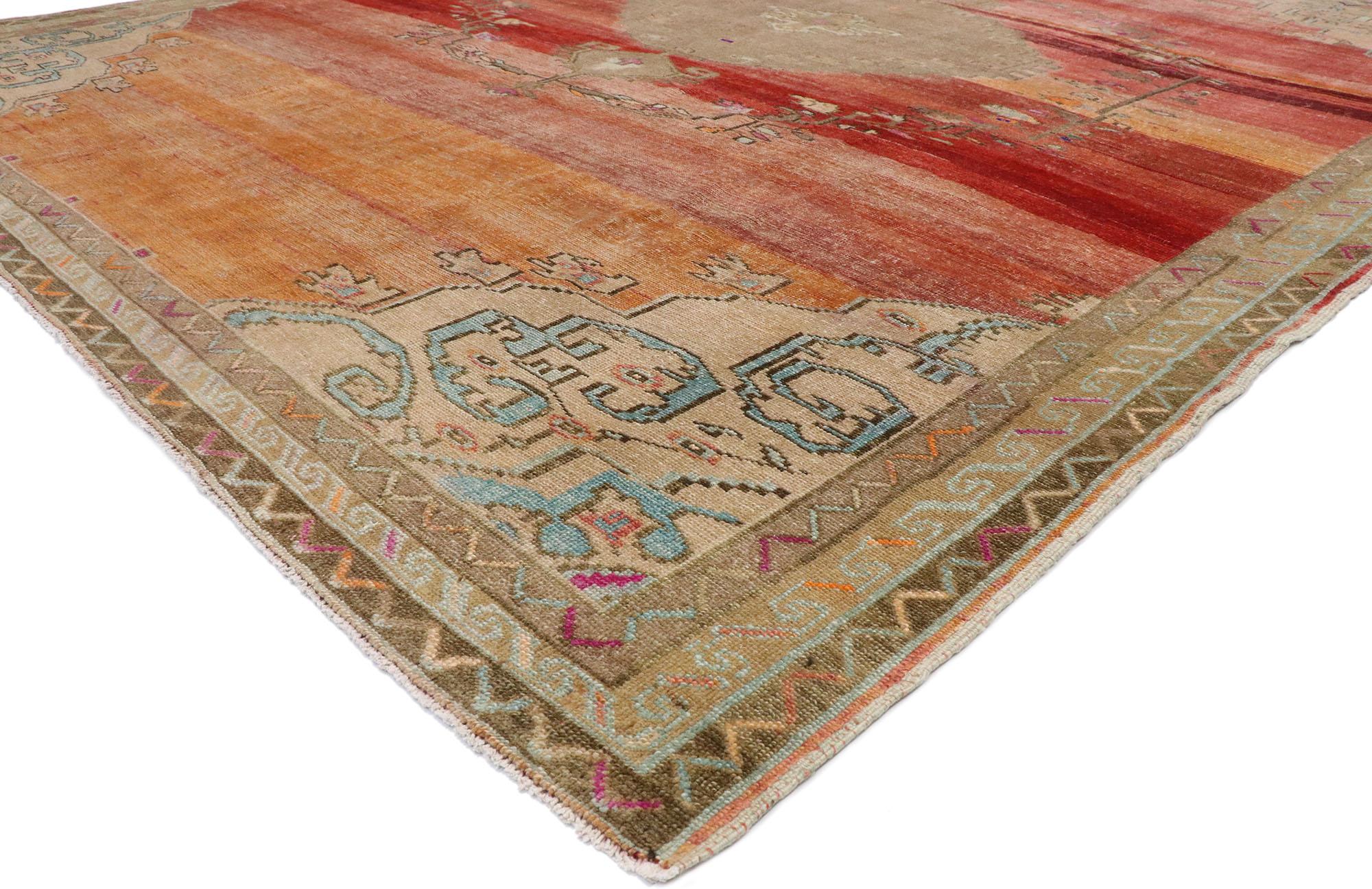 53400 Vintage Turkish Kars Rug with Medieval Style 10'10 x 13'02.
With its luminous warm hues and beguiling beauty, this hand-knotted wool vintage Turkish Kars rug will take on a curated lived-in look that feels timeless while imparting a sense of