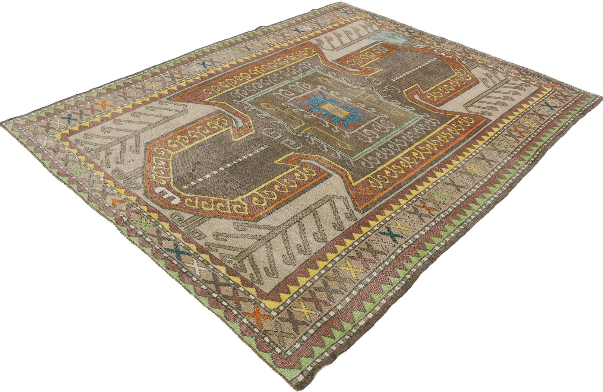 53257, vintage Turkish Kars rug with Postmodern Caucasian Tribal style. Balancing tribal style and traditional sensibility with a splash of painted colors, this hand knotted wool vintage Turkish Kars rug is an amalgam of Caucasian influence. The