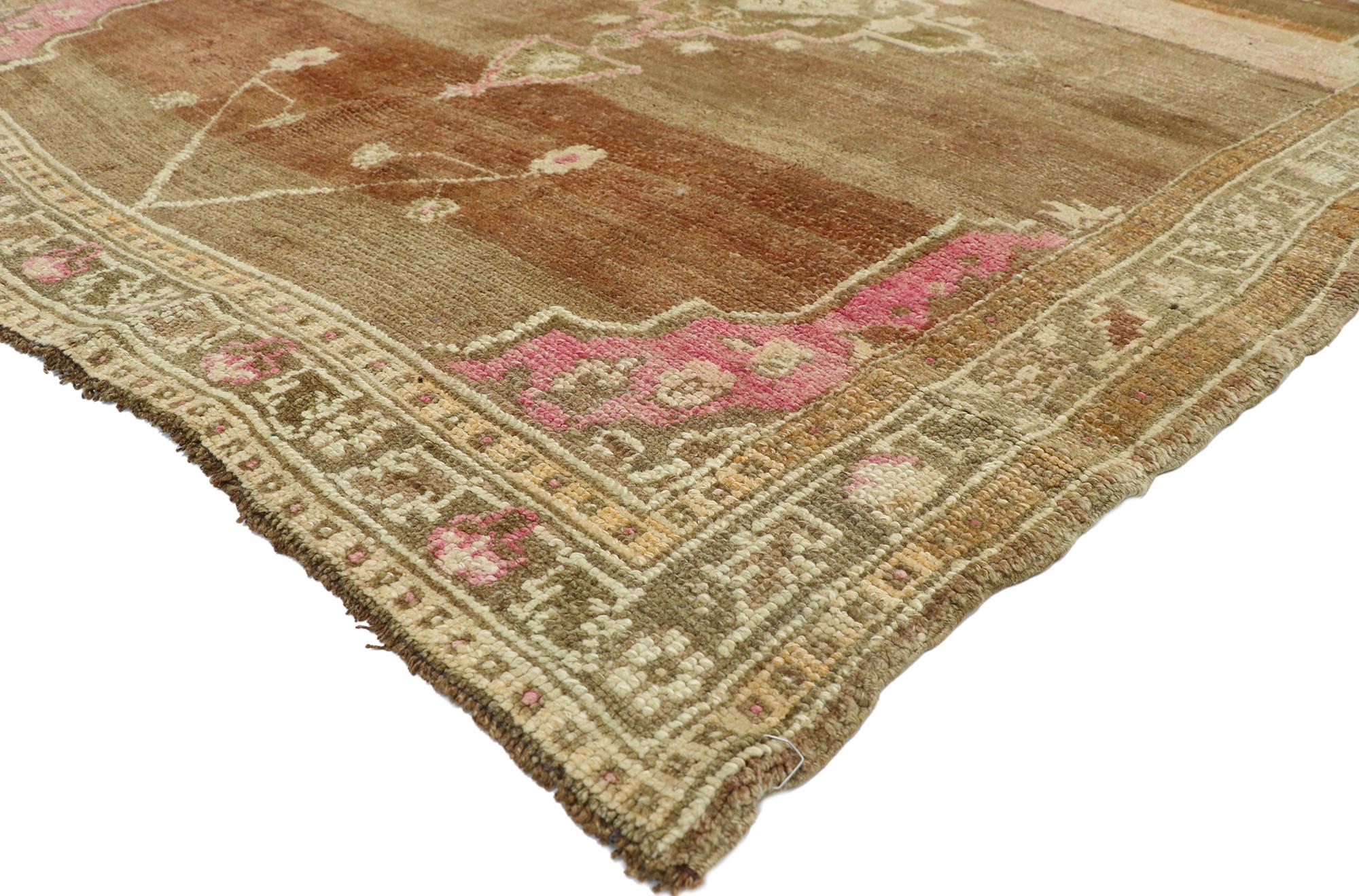 52766, vintage Turkish Kars rug with romantic Mid-Century Modern style 05'11 x 07'00. Warm and inviting, this hand knotted wool vintage Kars rug with Mid-Century Modern style features a central medallion with trefoil anchors on either side. The rich