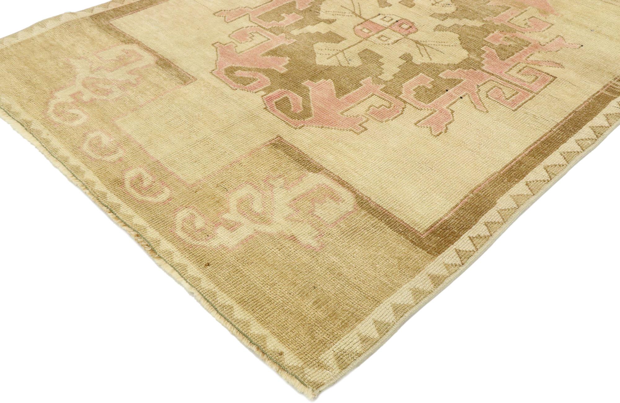 53064 vintage Turkish Kars rug with Romantic Mid-Century Modern style. Effortless beauty and romantic connotations meet soft, bespoke vibes with a feminine Mid-Century Modern style in this hand knotted wool vintage Turkish Kars rug. The antique