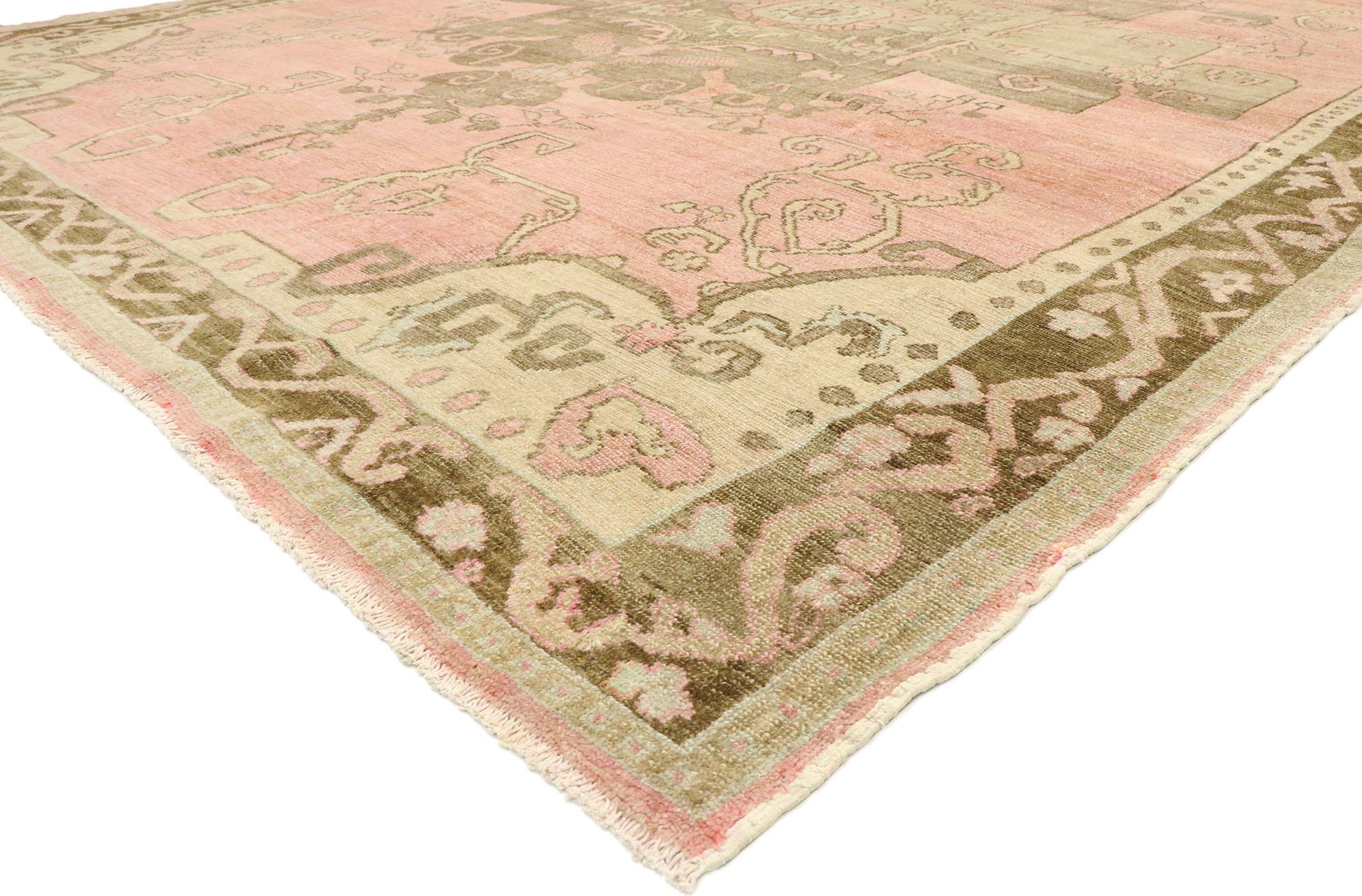 53020 vintage Turkish Kars rug with Romantic Mid-Century Modern style. Effortless beauty and feminine connotations meet soft, bespoke vibes with a romantic Mid-Century Modern style in this hand knotted wool vintage Turkish Kars rug. The antique