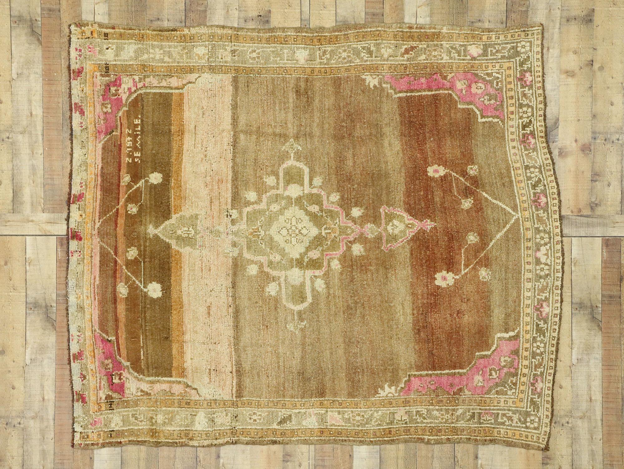 Wool Vintage Turkish Kars Rug with Romantic Mid-Century Modern Style
