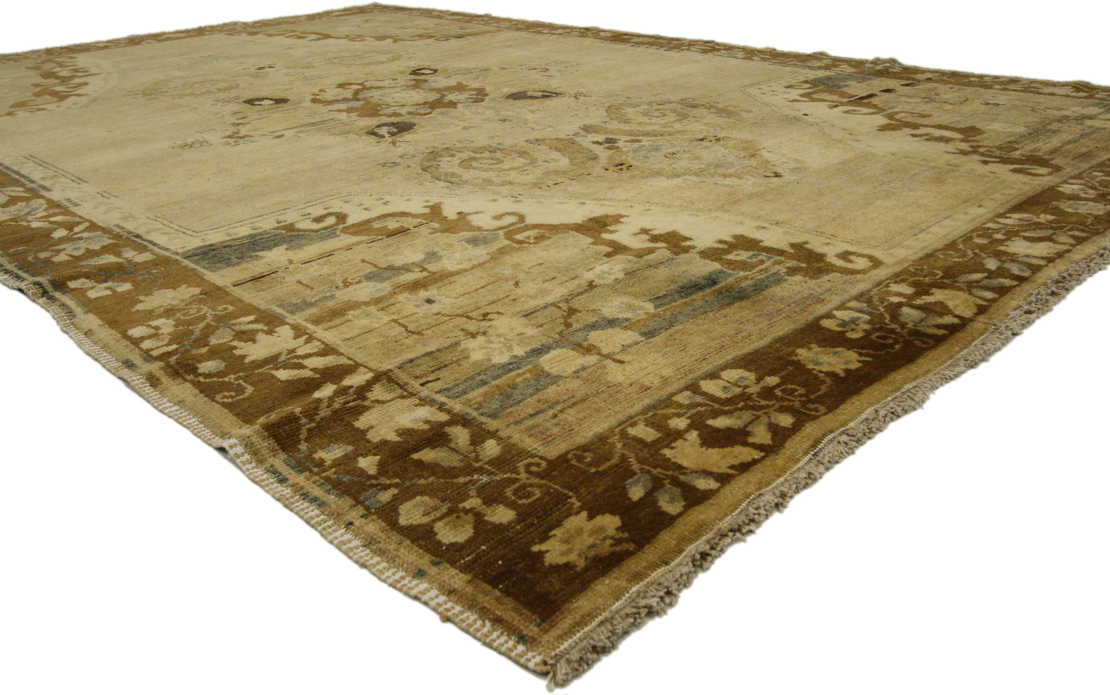 50016 Vintage Turkish Kars Rug with Mid-Century Modern Style 06'08 x 09'11. Characterized by the cozy simplicity of Mid-Century Modern style and effortless beauty, this hand-knotted wool vintage Turkish Kars rug provides a feeling of cozy