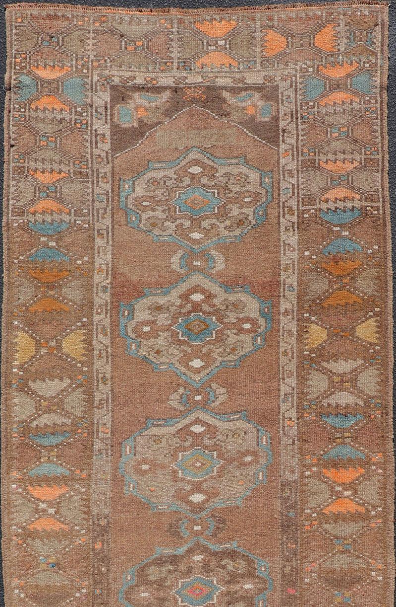 Hand-Knotted Vintage Turkish Kars Runner in Brown Color, Tan, Taupe and Soft Orange For Sale