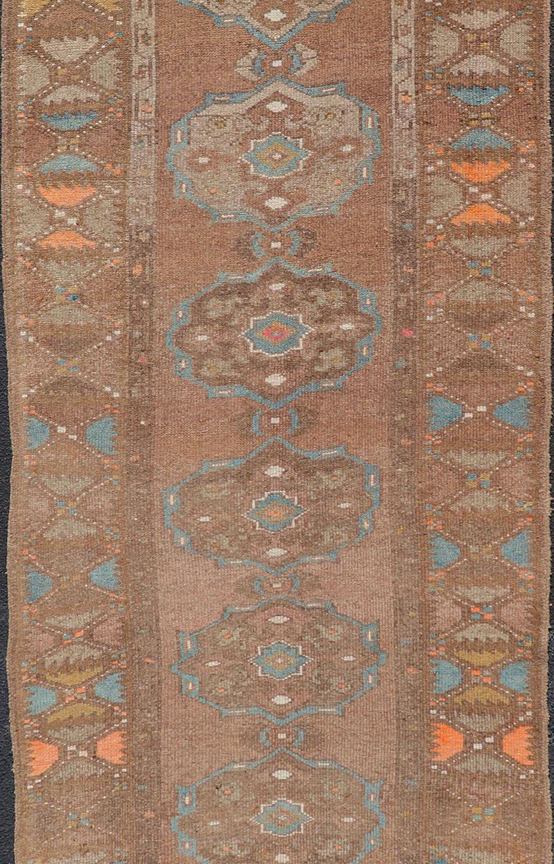 Vintage Turkish Kars Runner in Brown Color, Tan, Taupe and Soft Orange In Excellent Condition For Sale In Atlanta, GA