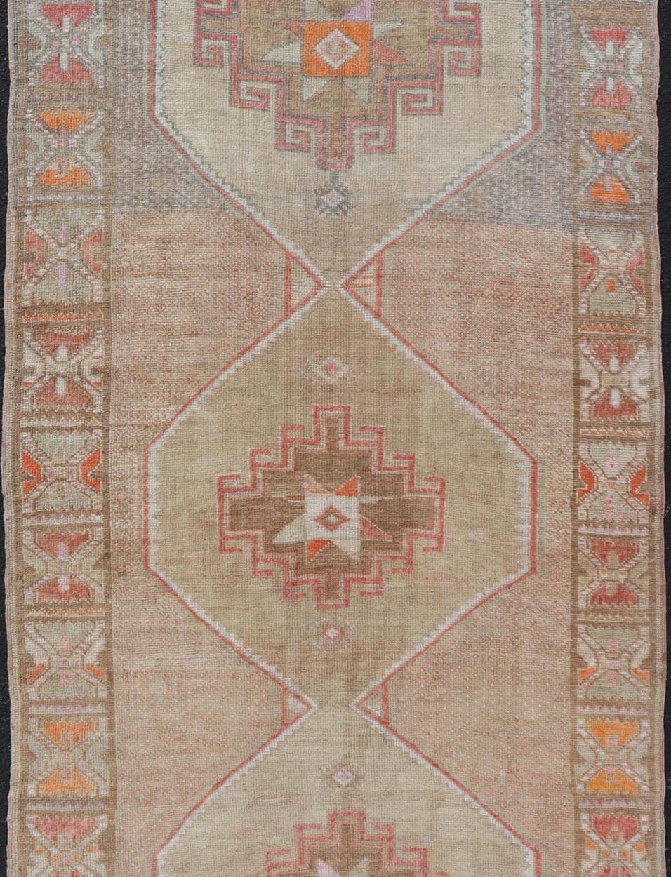 Hand-Knotted Vintage Turkish Kars Runner in Brown Color, Tan, Taupe and Soft Orange For Sale