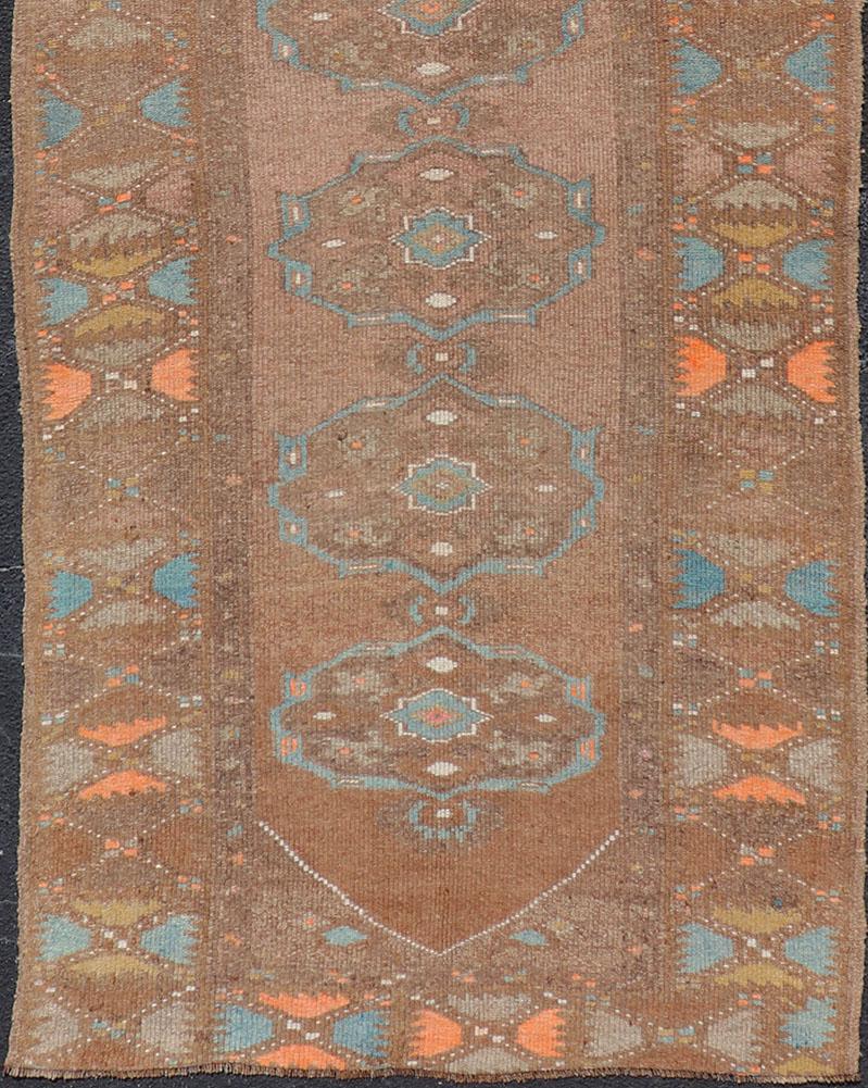 20th Century Vintage Turkish Kars Runner in Brown Color, Tan, Taupe and Soft Orange For Sale