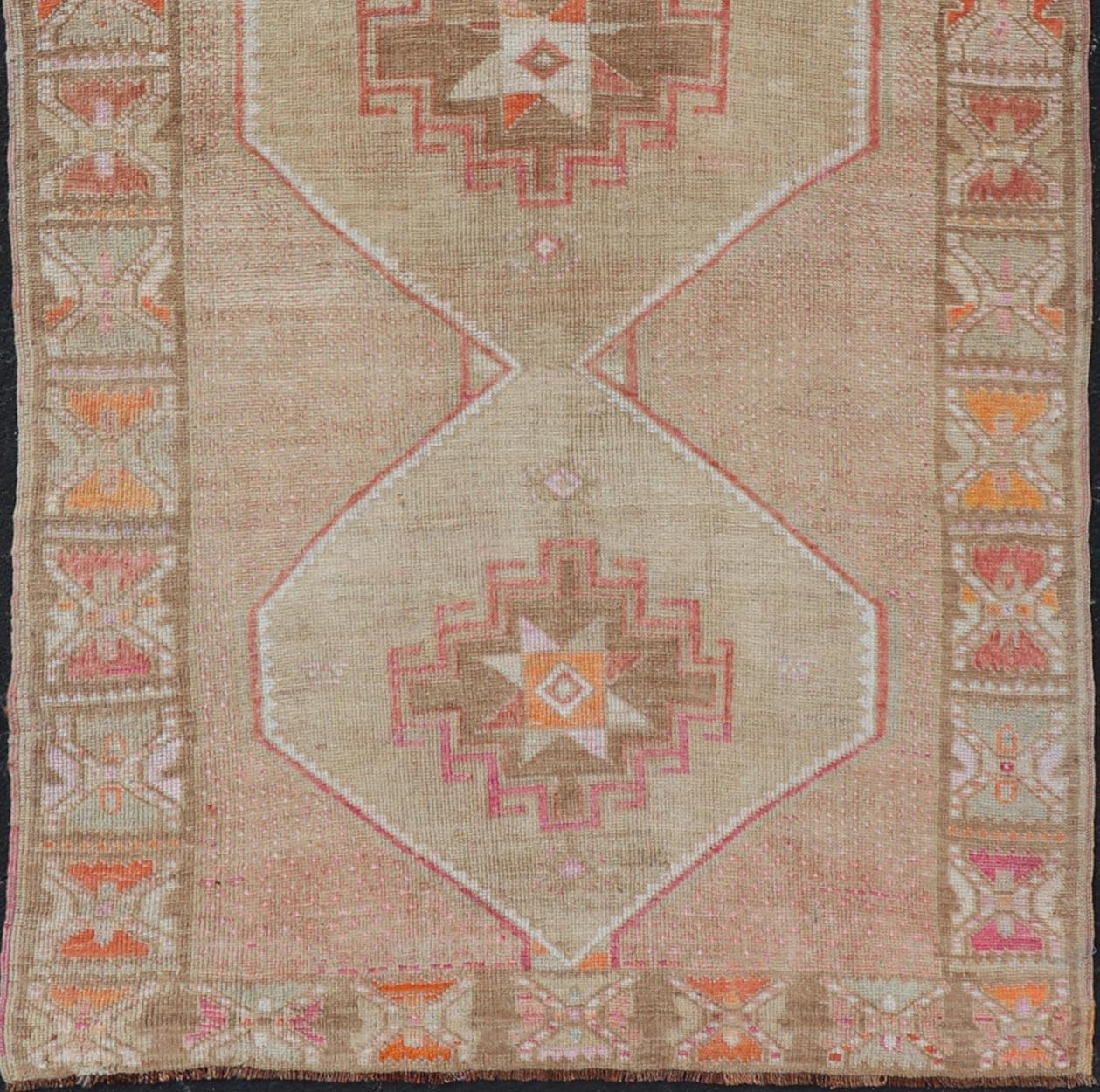 Vintage Turkish Kars Runner in Brown Color, Tan, Taupe and Soft Orange In Good Condition For Sale In Atlanta, GA