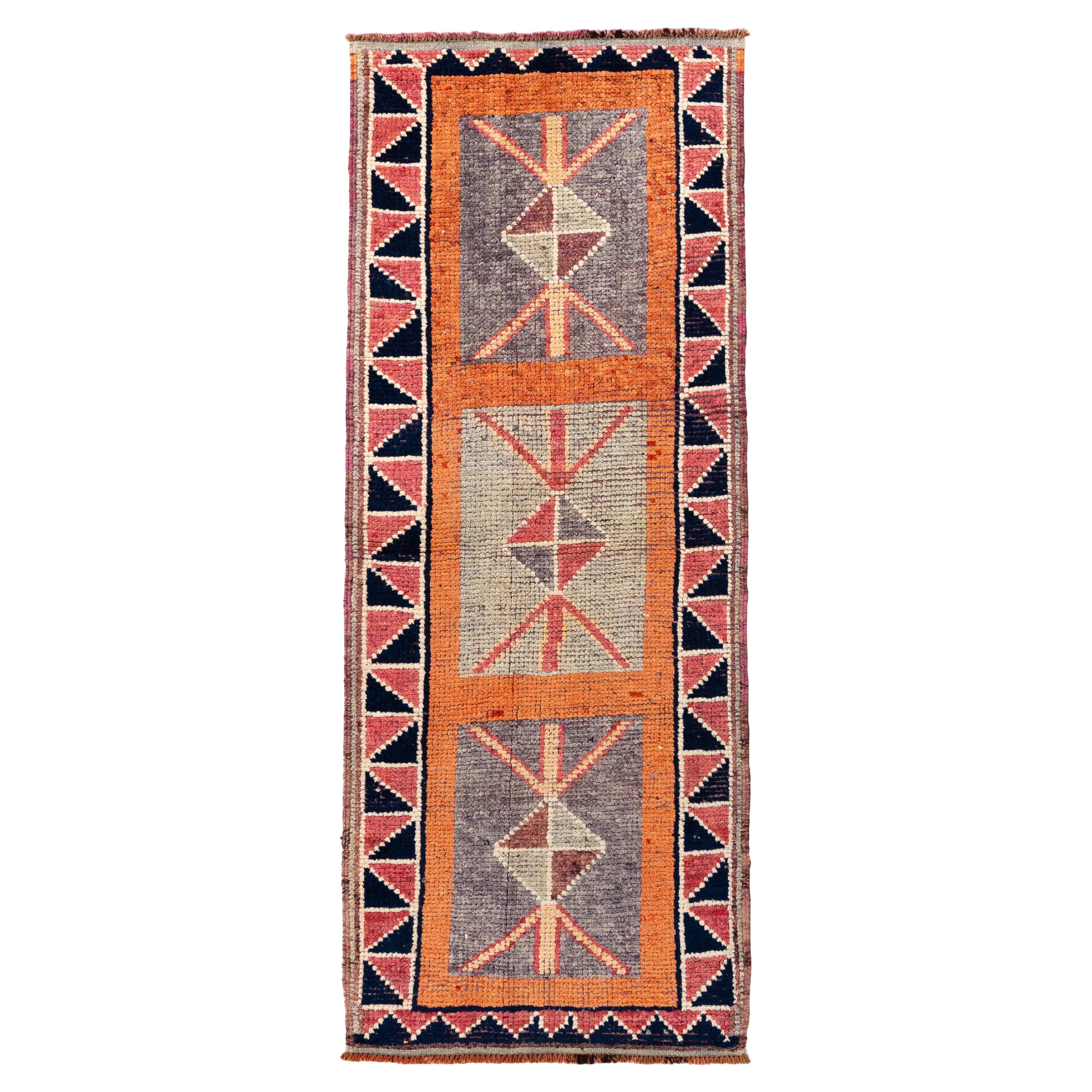 Vintage Turkish Kars Runner in Modern Geometric Style For Sale