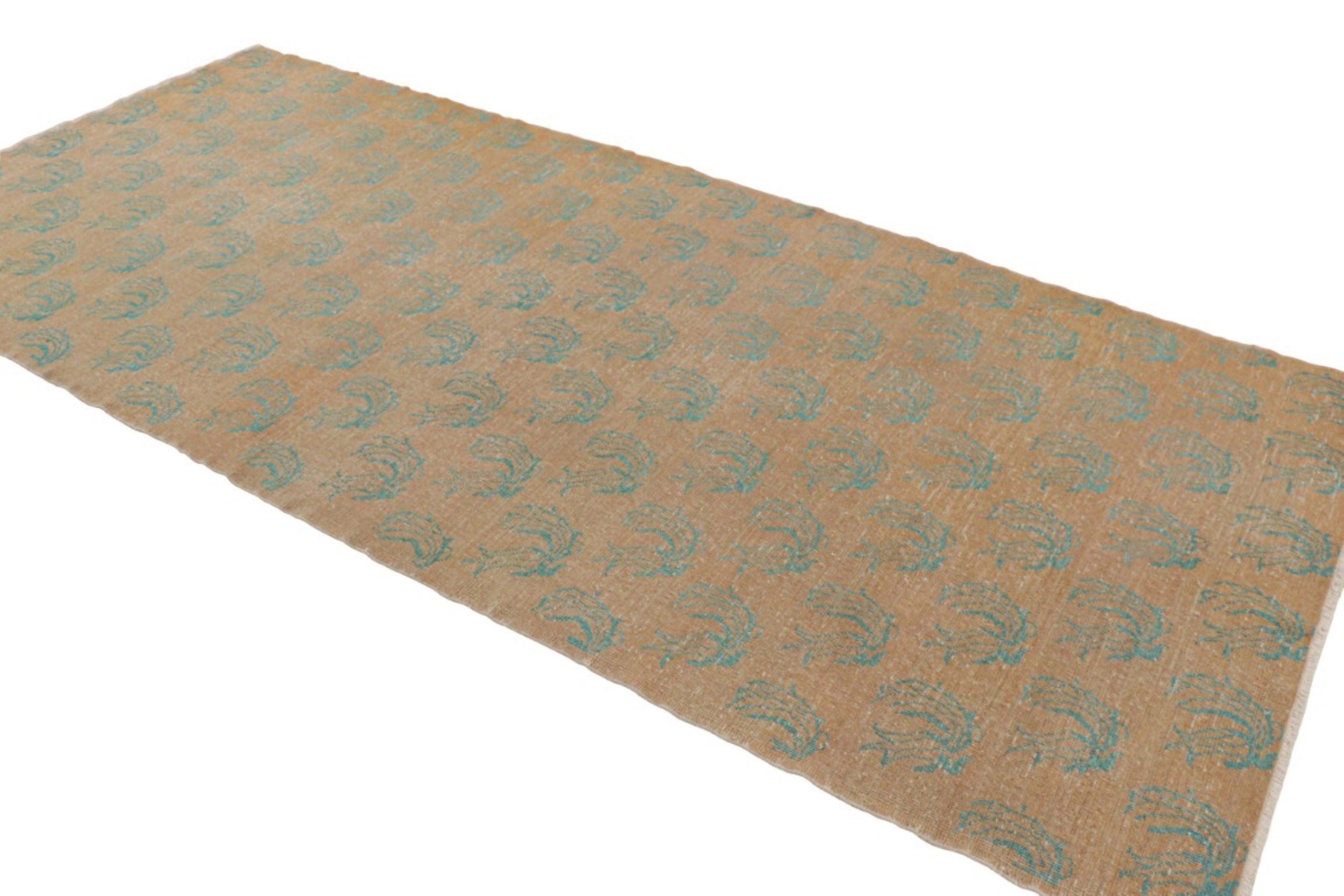 Vintage Turkish Kars Runner Rug in Beige-Brown with Blue Patterns  Rug & Kilim In Good Condition For Sale In Long Island City, NY