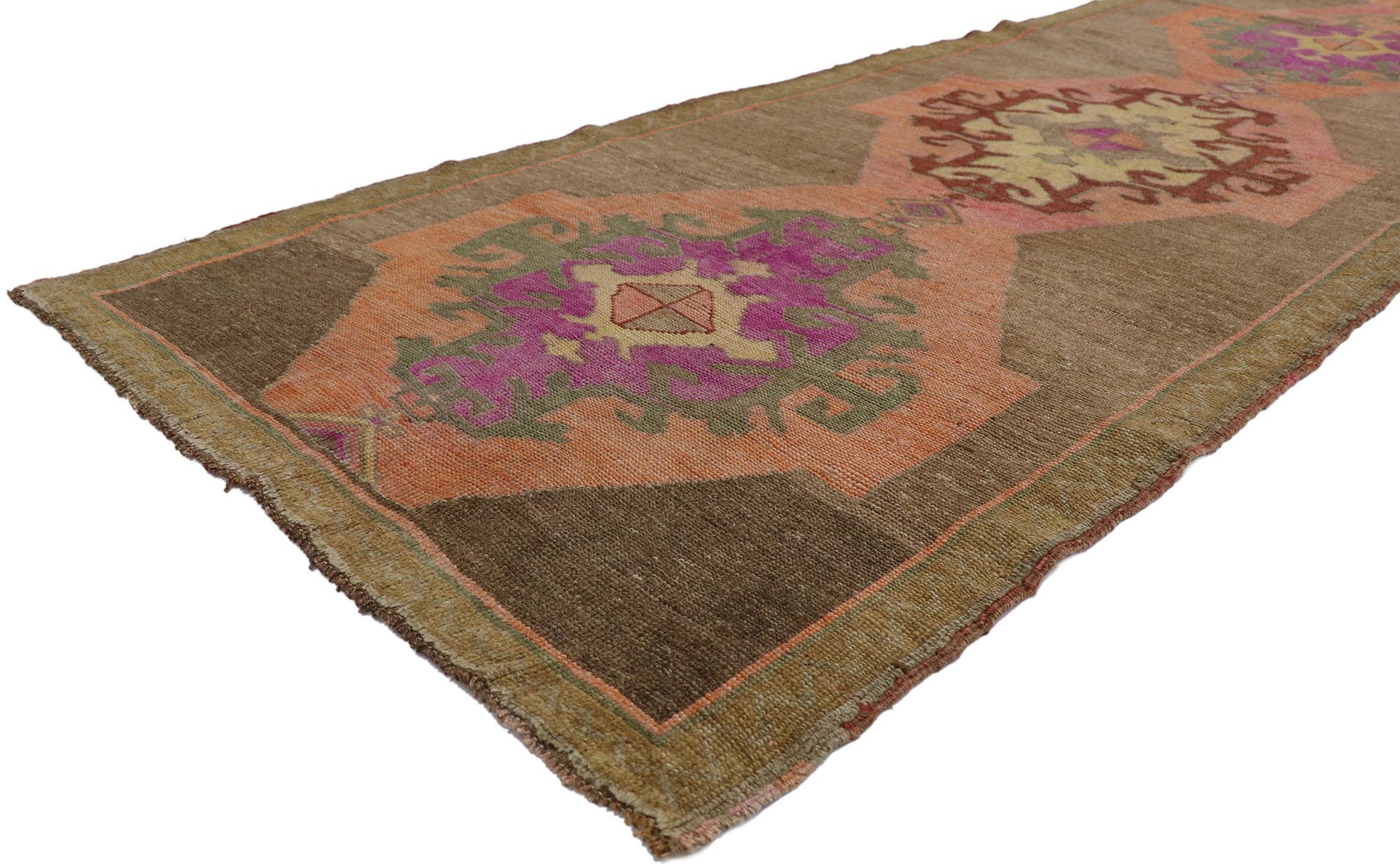 53568 Vintage Turkish Kars Runner with Mid-Century Modern Style 03'07 x 10'03. Full of tiny details and a bold expressive design combined with vibrant colors and modern style, this hand-knotted wool vintage Turkish Kars runner is a captivating