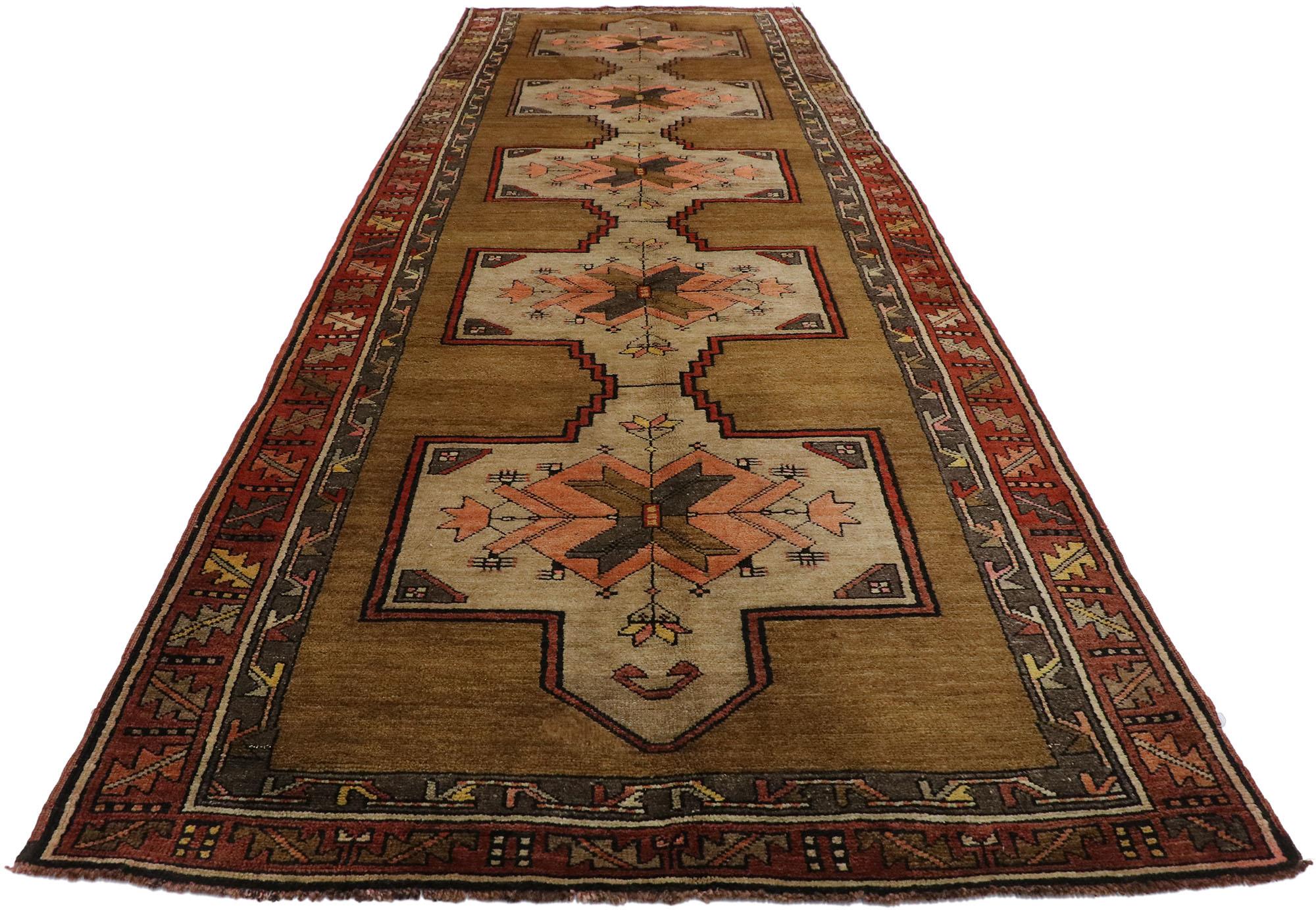 Hand-Knotted Vintage Turkish Kars Runner with Mid-Century Modern Style