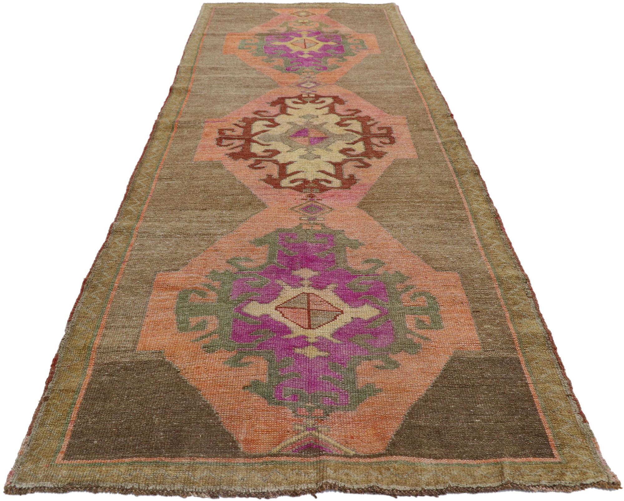 Hand-Knotted Vintage Turkish Kars Runner with Mid-Century Modern Style For Sale