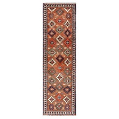 Tapis de couloir Kars turc vintage avec motif tribal dans les couleurs orange-marron