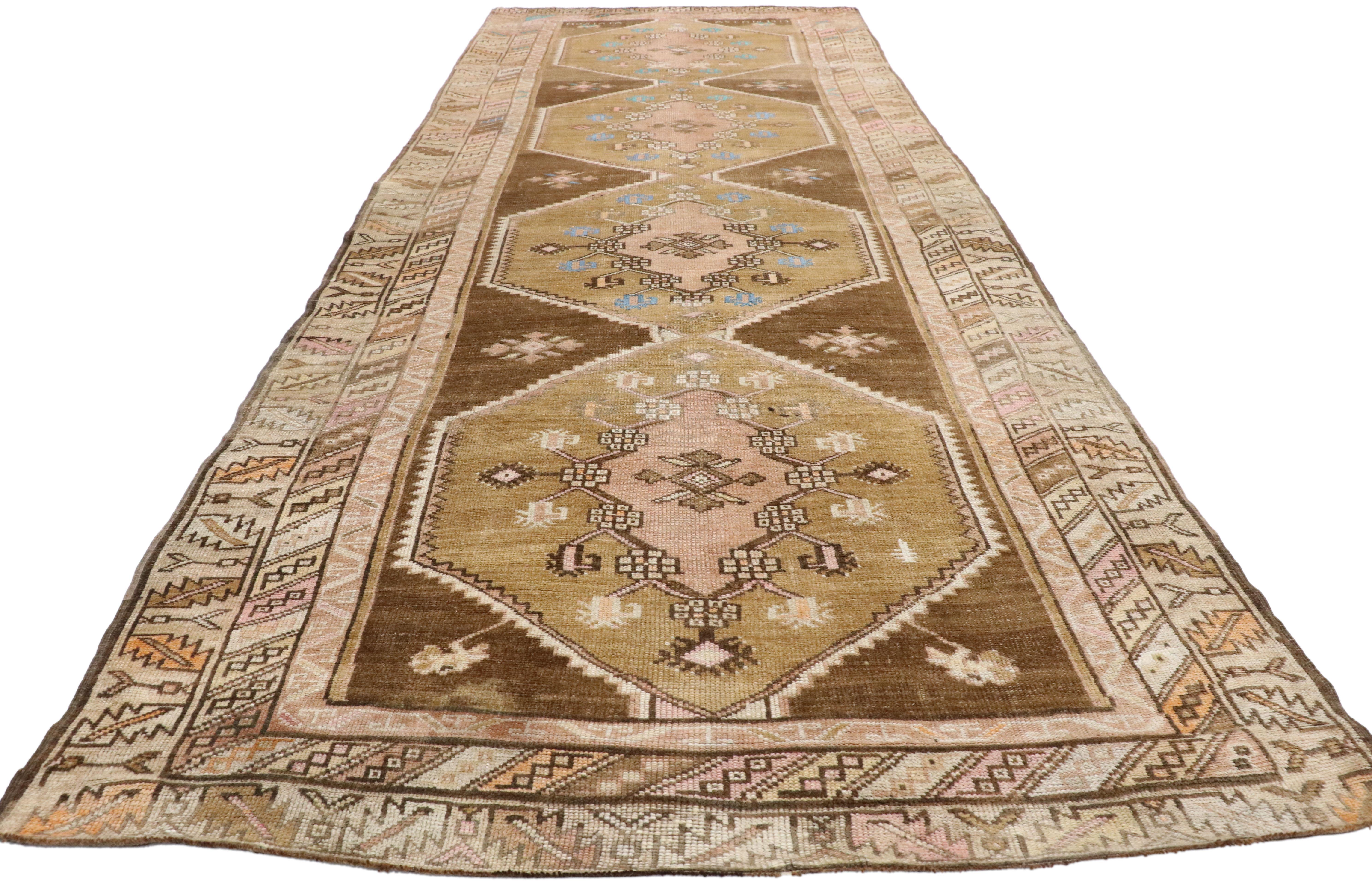 Hand-Knotted Vintage Turkish Oushak Runner with Romantic Prairie Style, Kars Gallery Rug  For Sale