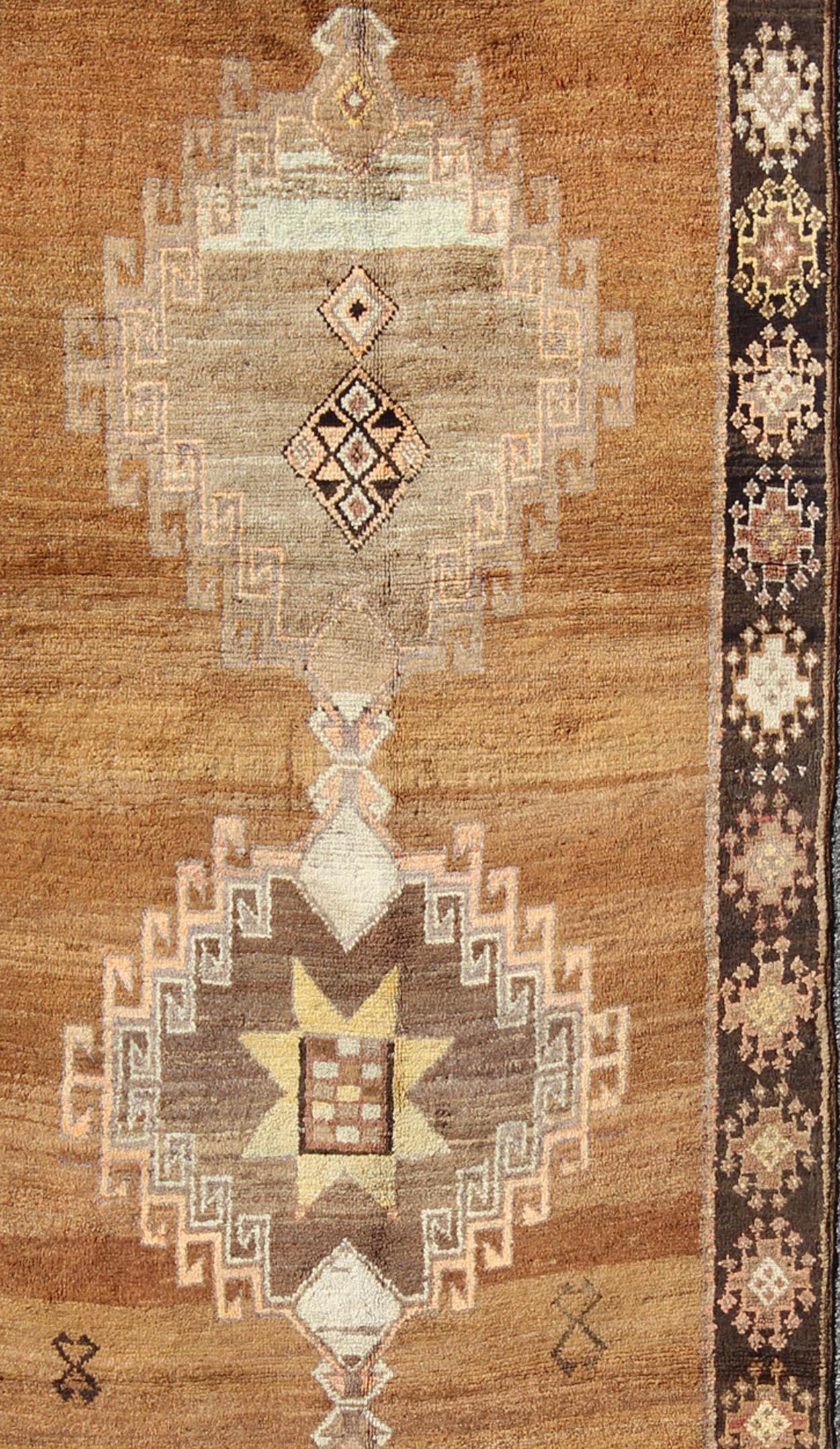 Hand-Knotted Vintage Turkish Kars Tribal Medallion Runner in Camel, Brown, and Taupe For Sale