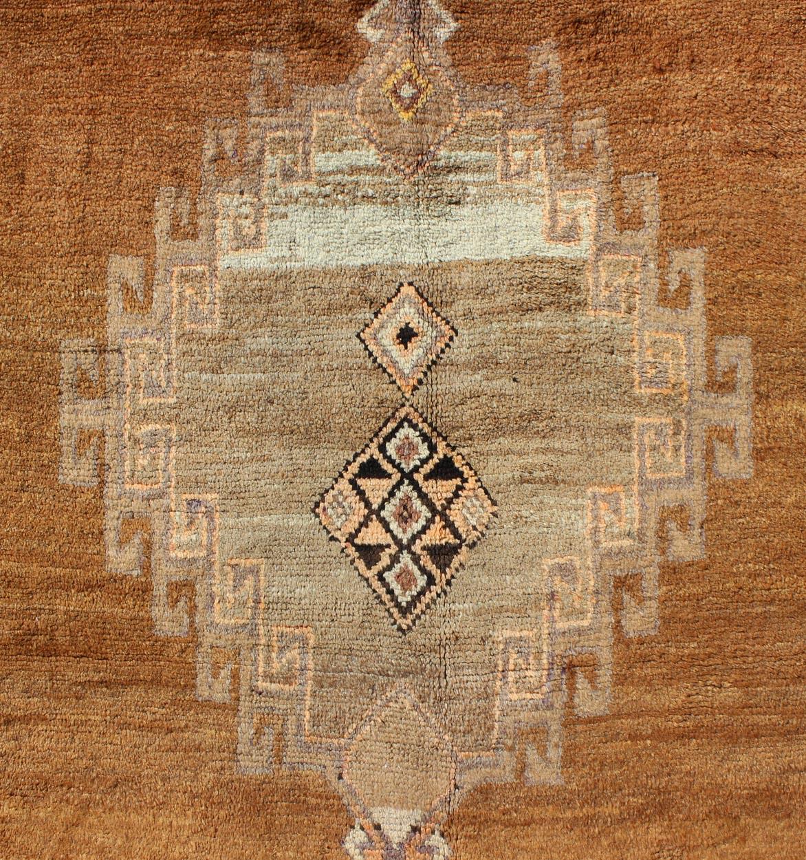 20th Century Vintage Turkish Kars Tribal Medallion Runner in Camel, Brown, and Taupe For Sale