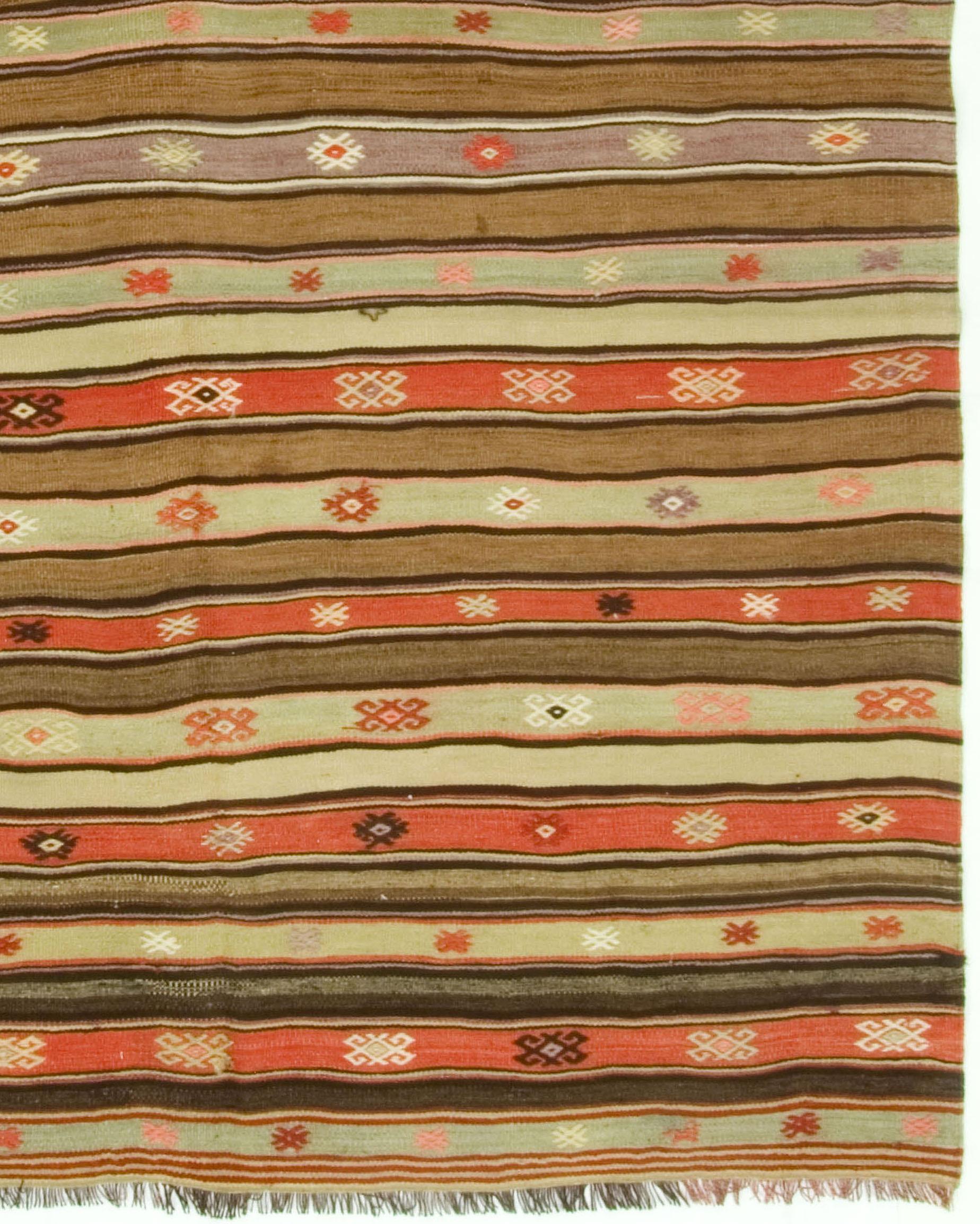 5'5 x 7'. This vintage Turkish flat-weave Kilim was handwoven in the 1940s. The simplicity and boldness of these pieces can also give a contemporary feel and can look at home in both a modern or traditional setting.