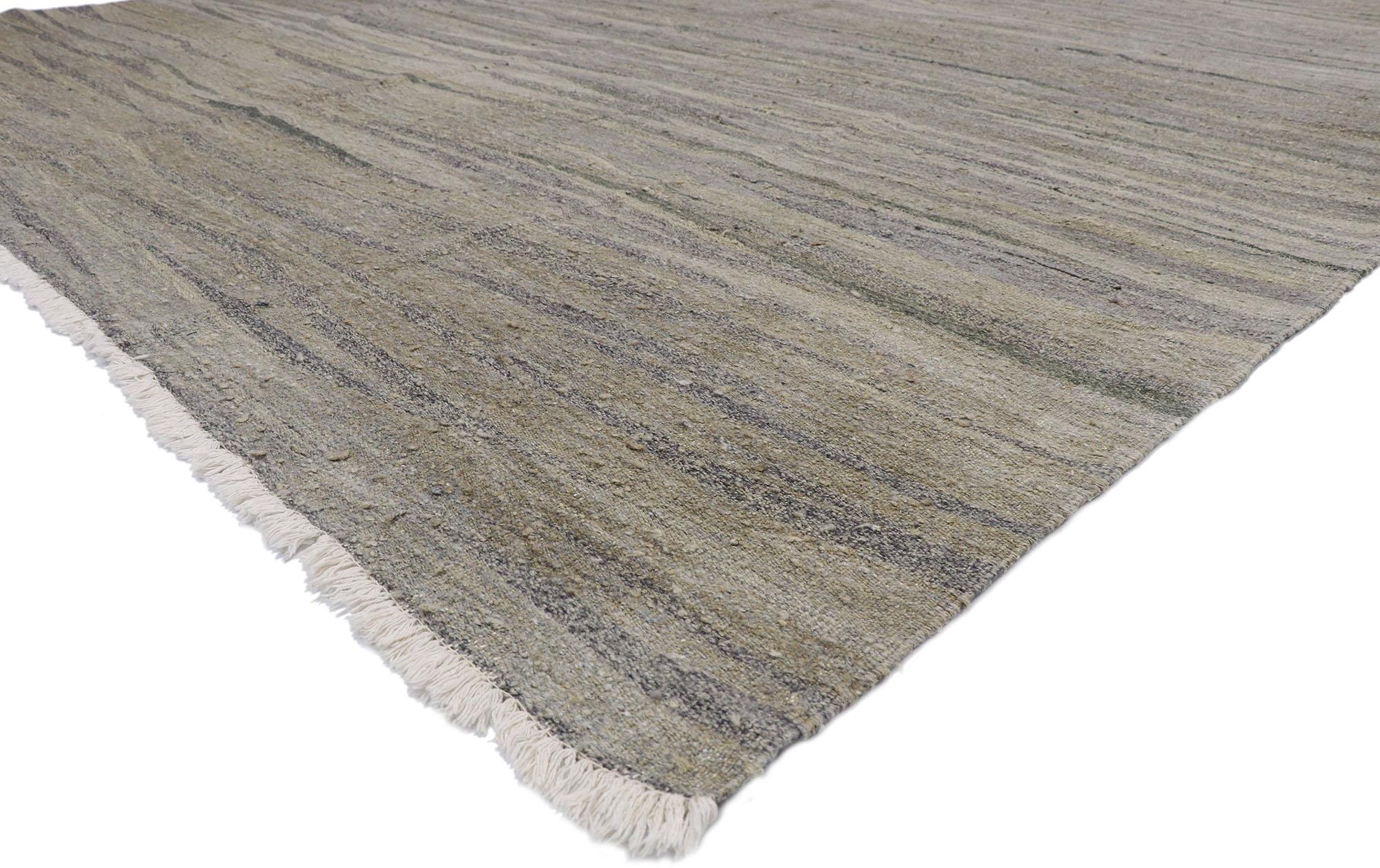52763, vintage Turkish Kilim Area rug with Modernist International style, flat-weave rug. Modern and neutral, this handwoven wool vintage Turkish Kilim area rug embodies International style. It features subtle gradations of gray, slate, and taupe
