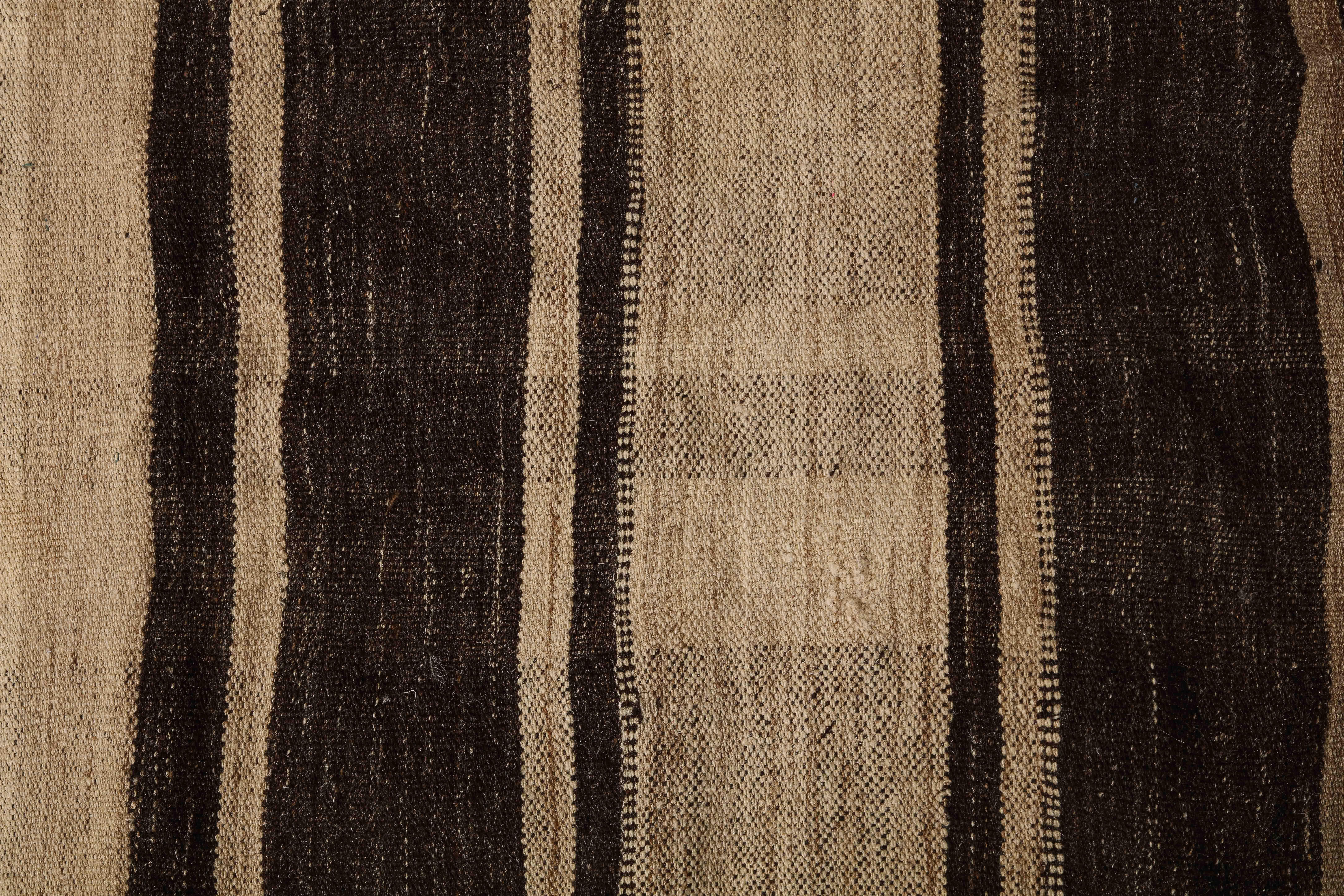 Vintage Turkish Kilim Brown Striped Wool Rug For Sale 9