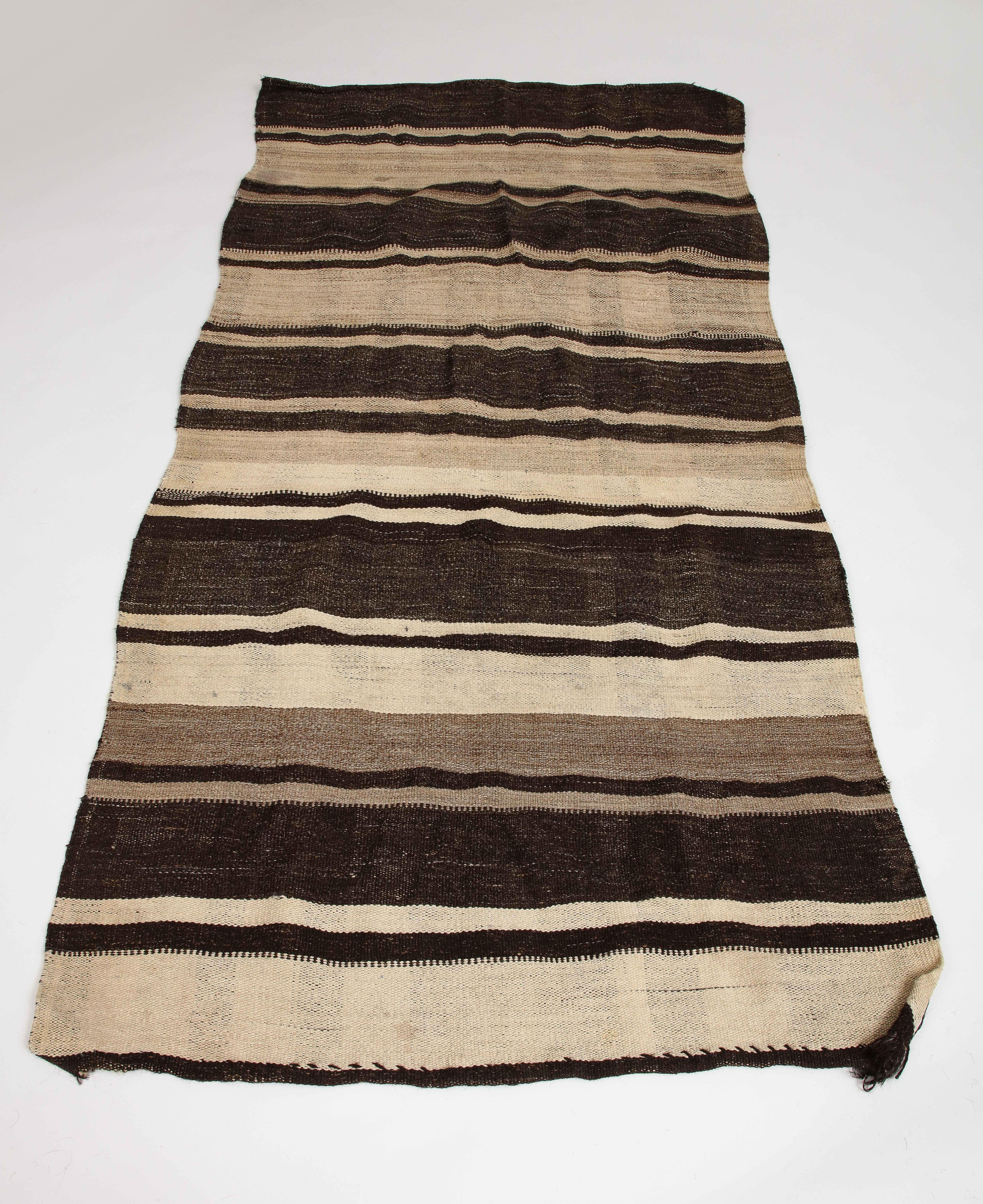 Vintage Turkish Kilim Brown Striped Wool Rug In Good Condition For Sale In Chicago, IL