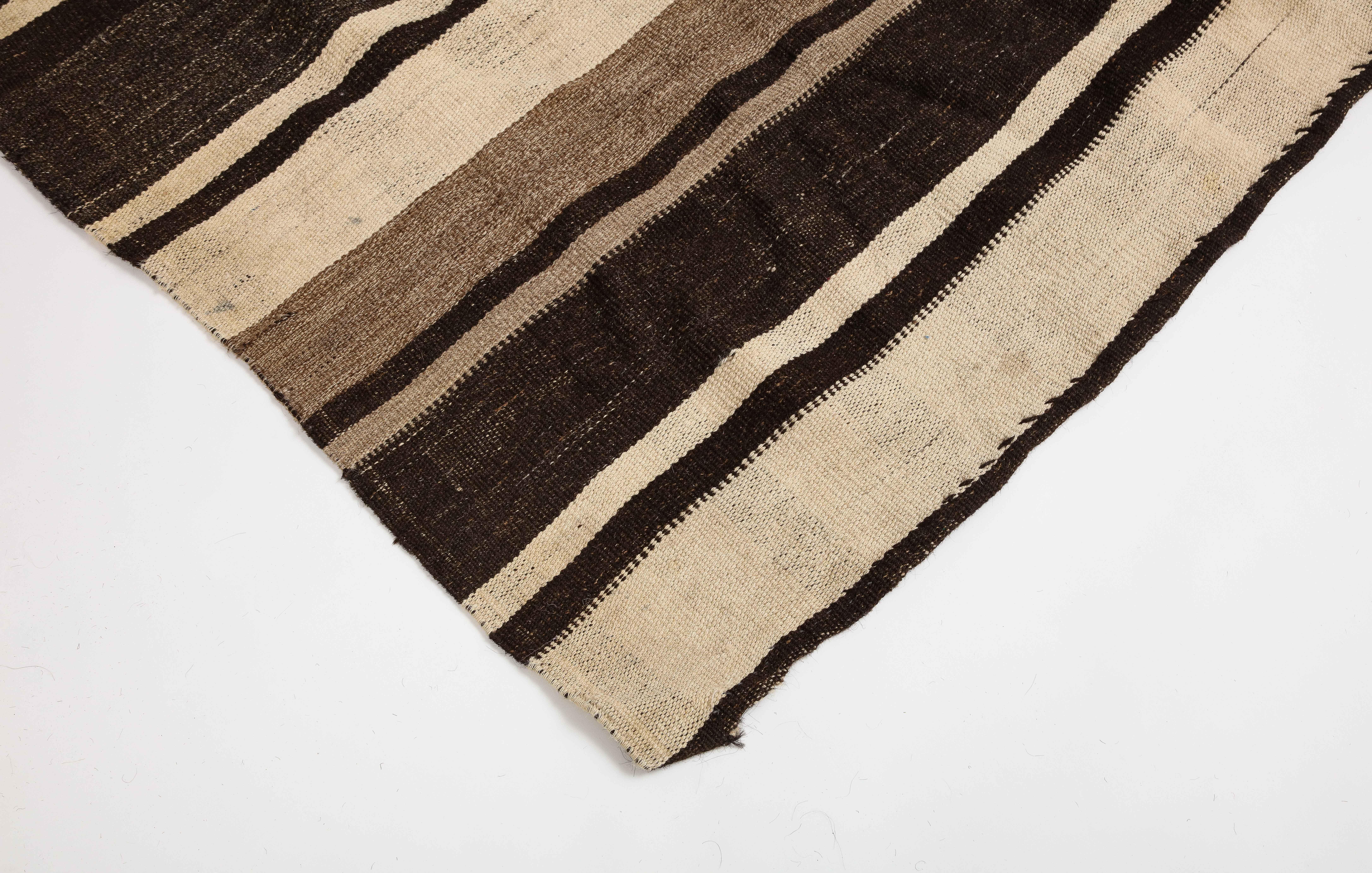 20th Century Vintage Turkish Kilim Brown Striped Wool Rug For Sale
