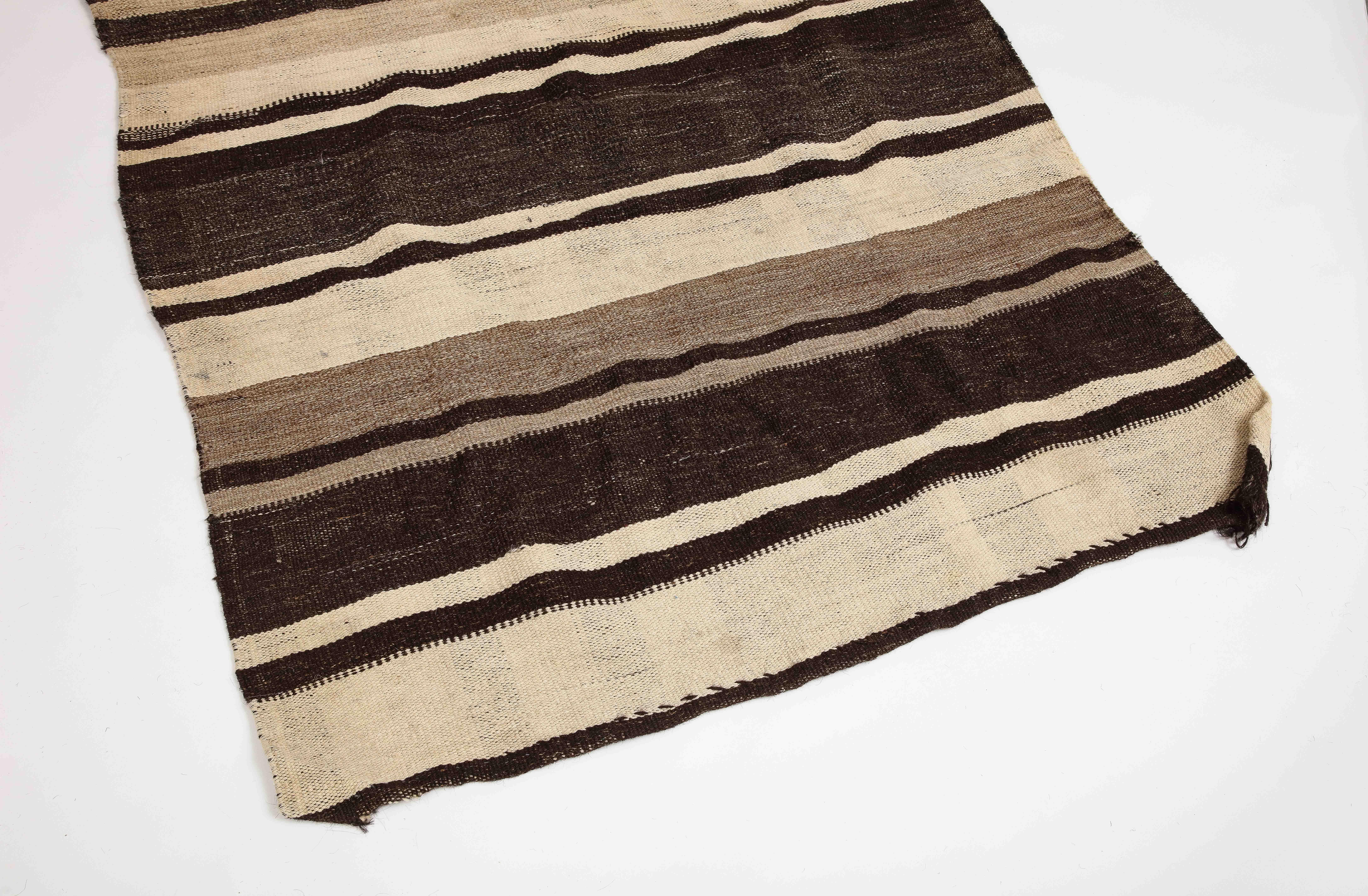 Vintage Turkish Kilim Brown Striped Wool Rug For Sale 1