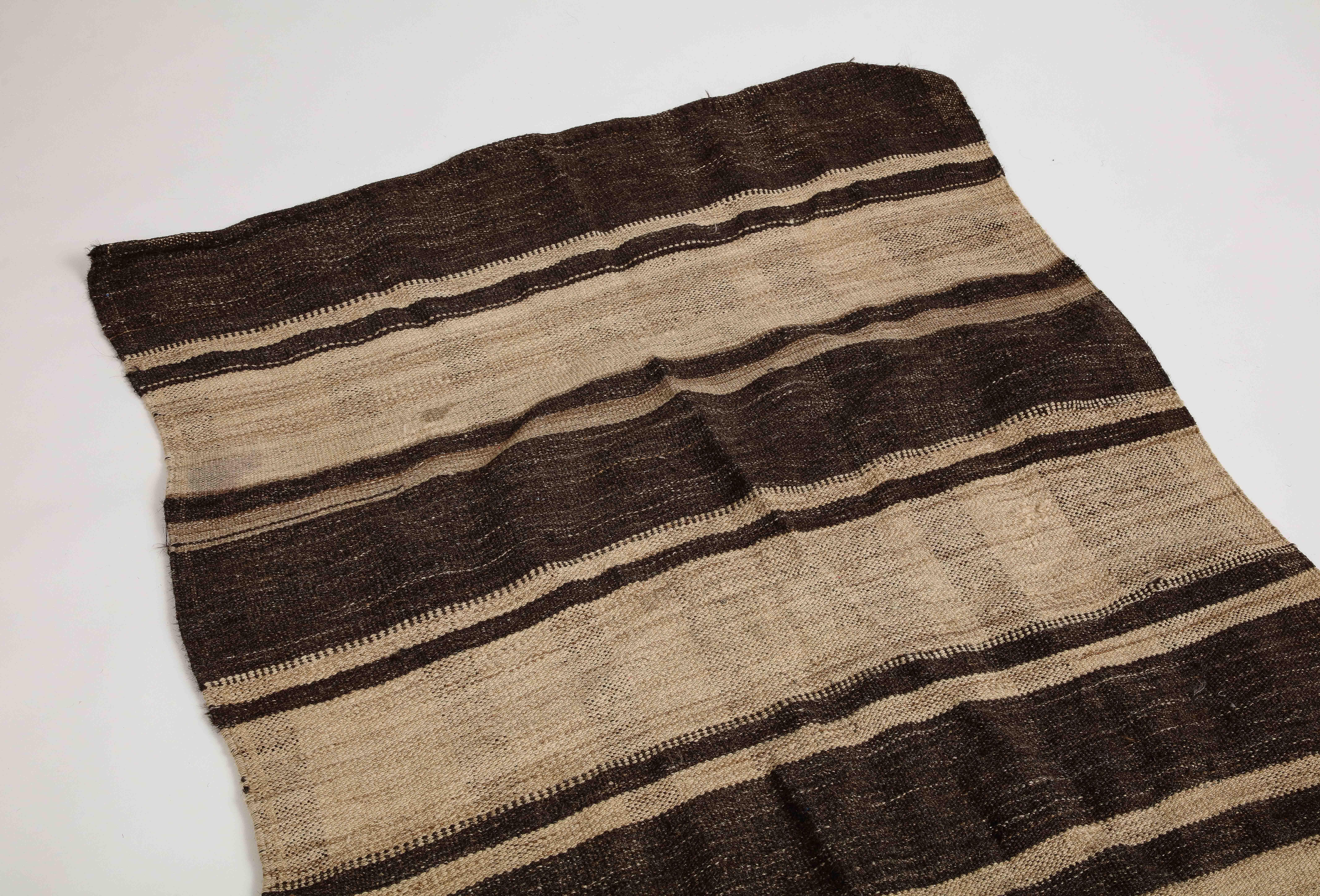 Vintage Turkish Kilim Brown Striped Wool Rug For Sale 3