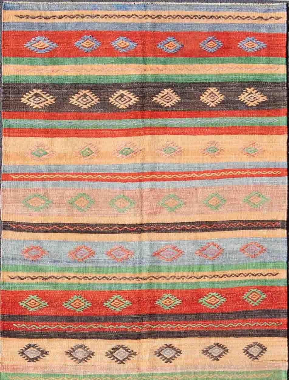 Oushak Vintage Turkish Kilim Carpet with Colorful Geometric Stripe Design For Sale