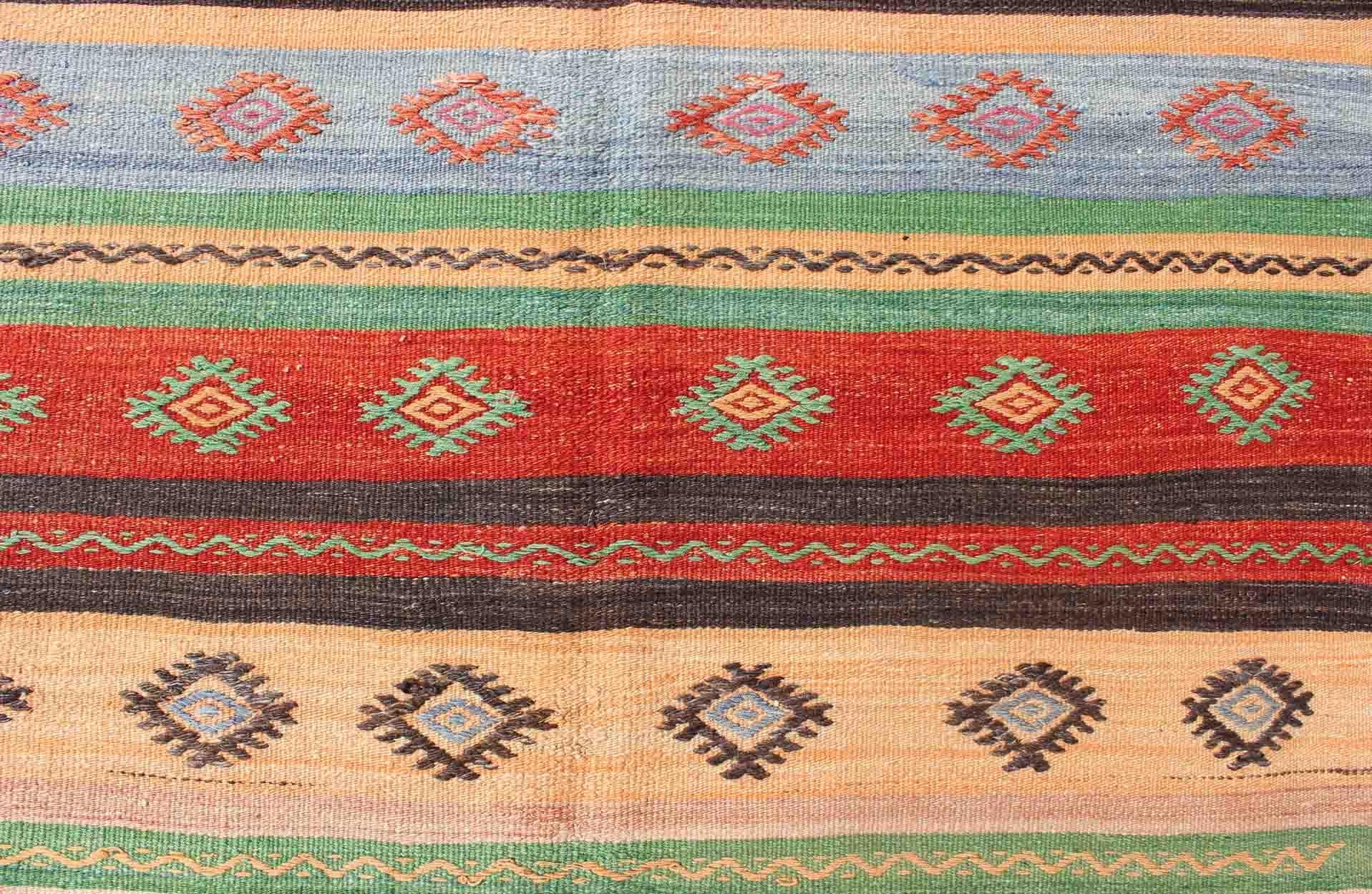 20th Century Vintage Turkish Kilim Carpet with Colorful Geometric Stripe Design For Sale